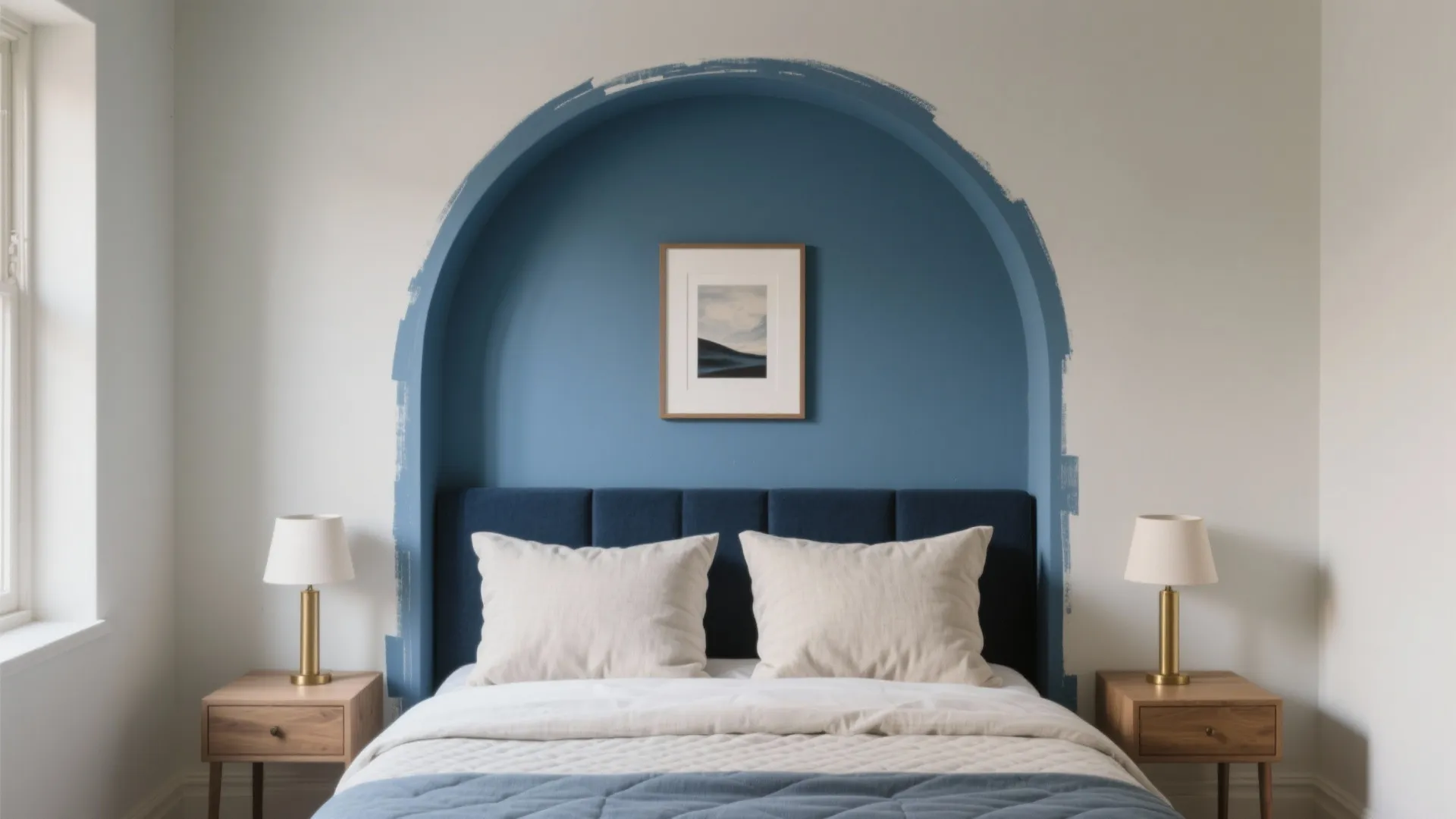 Modern bedroom with blue arch wall feature white bed wood side tables and gold lamps