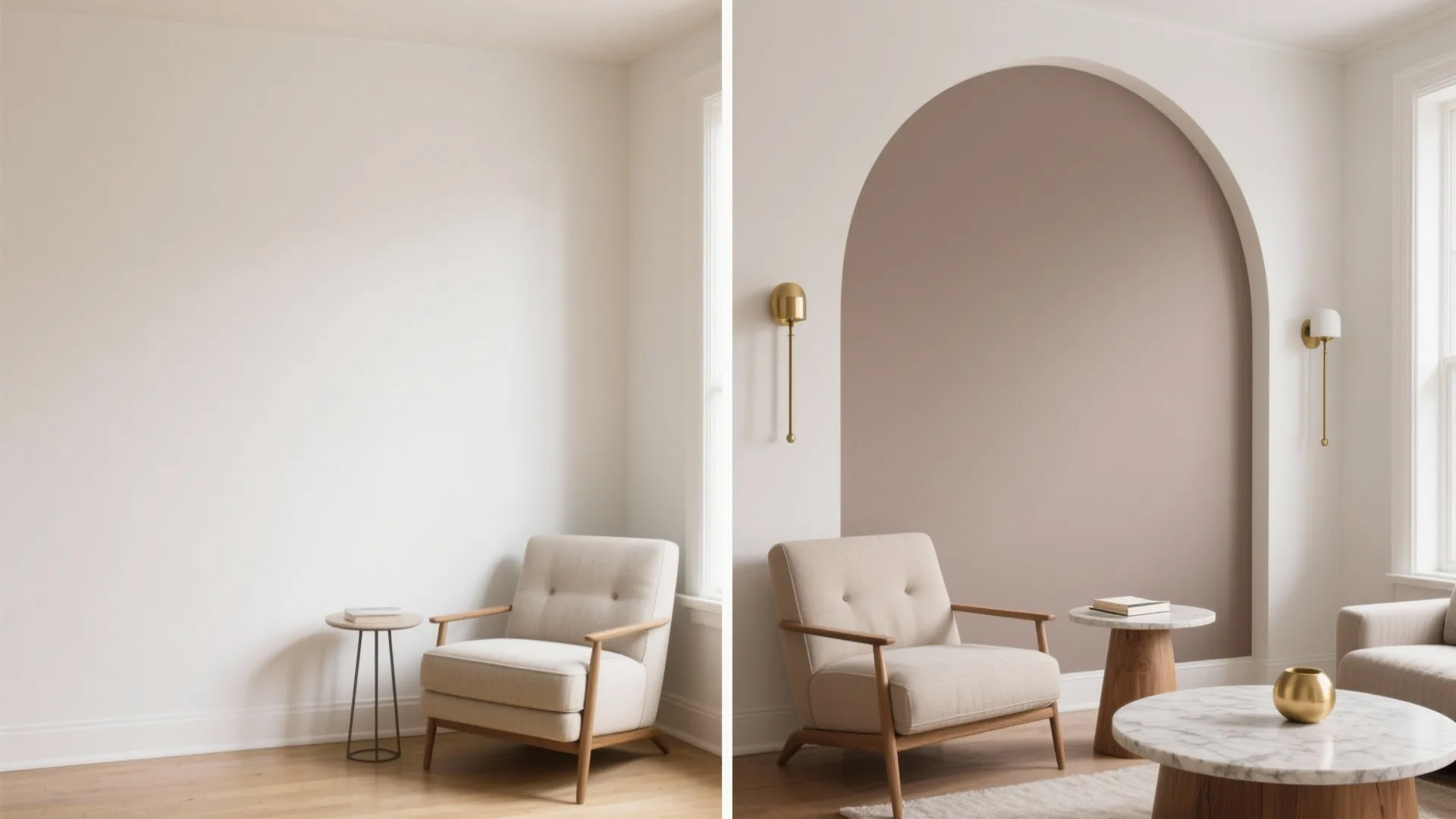 Comparison showing a white wall before and after being painted with a stylish pink arch