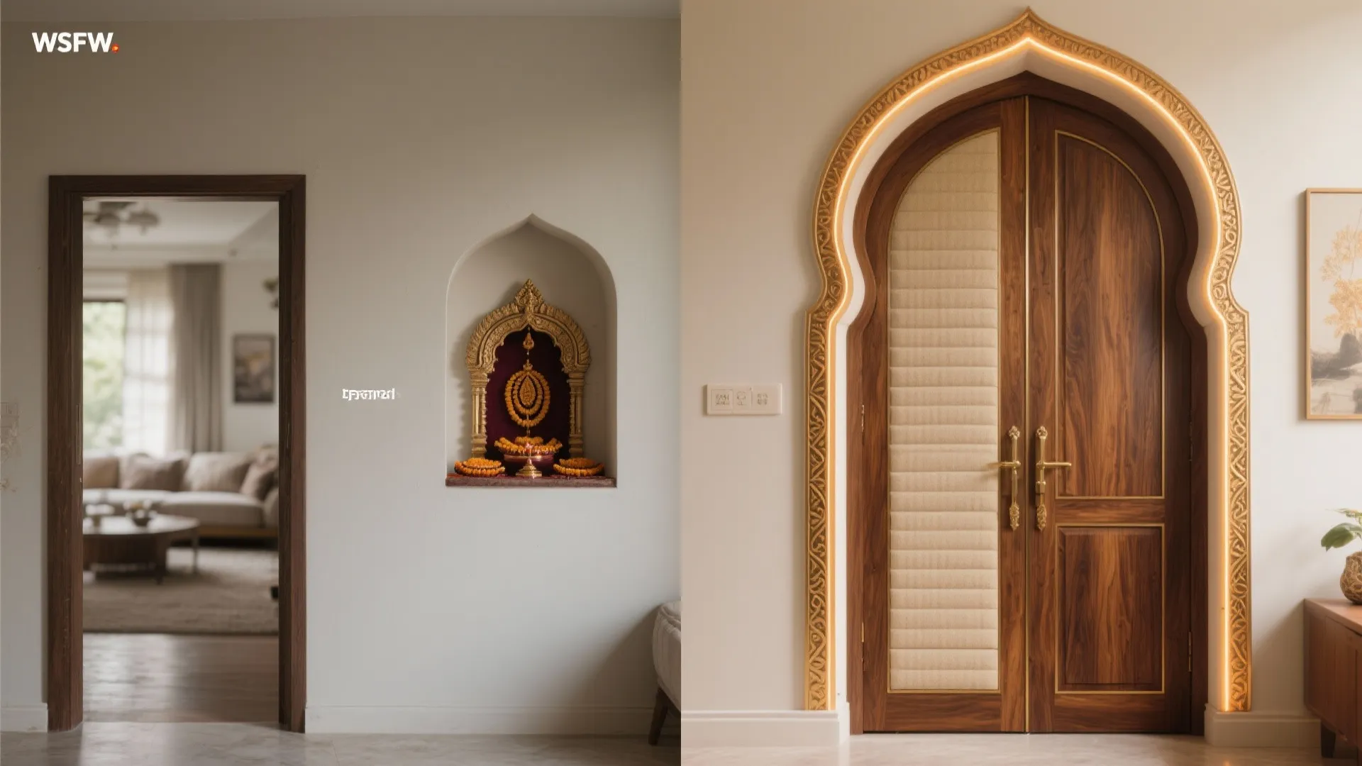 Before and after comparison showing a simple wall niche versus a decorated arched wood door