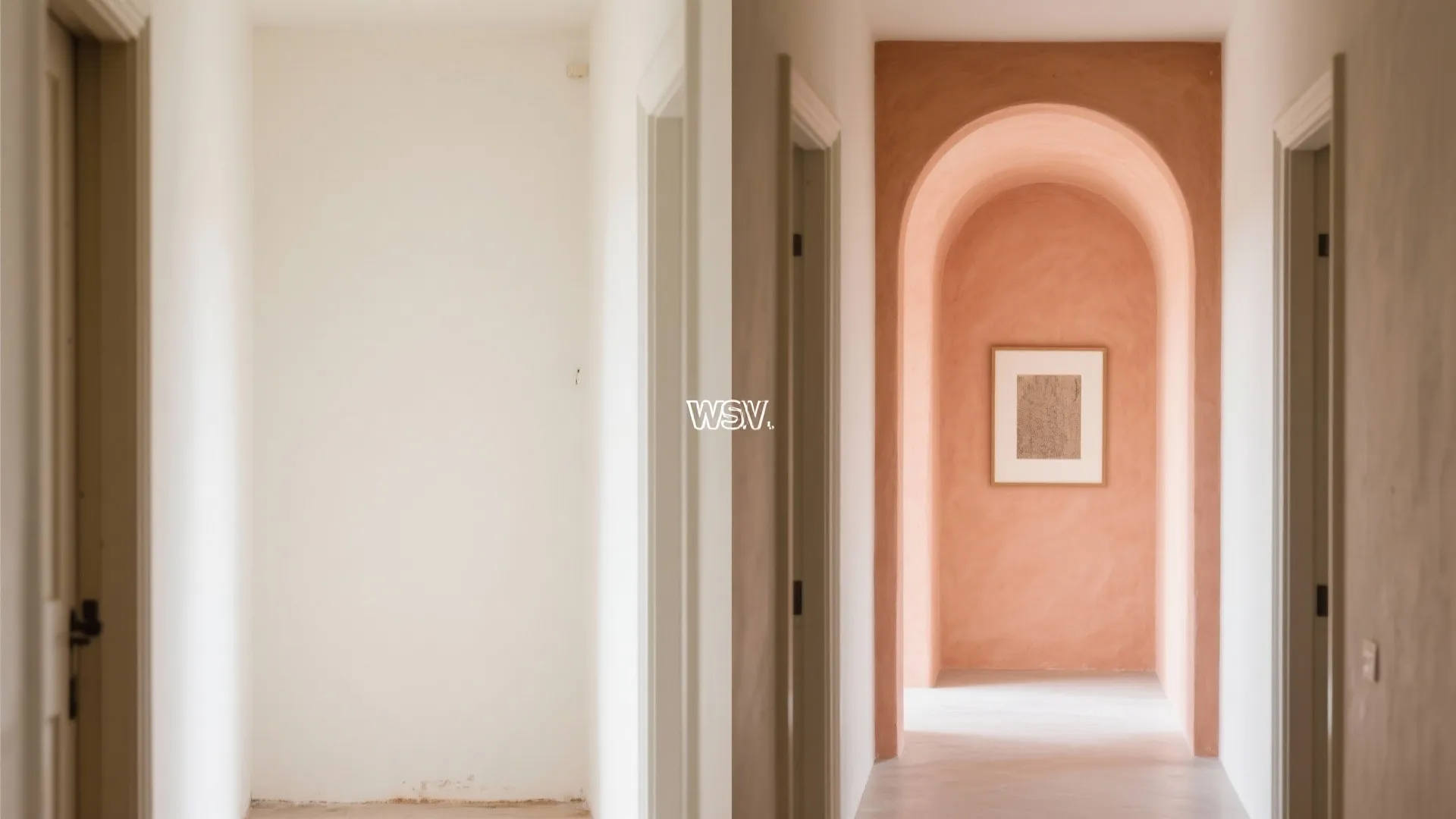 Before and after comparison of a plain white hallway transformed into a pink arched corridor