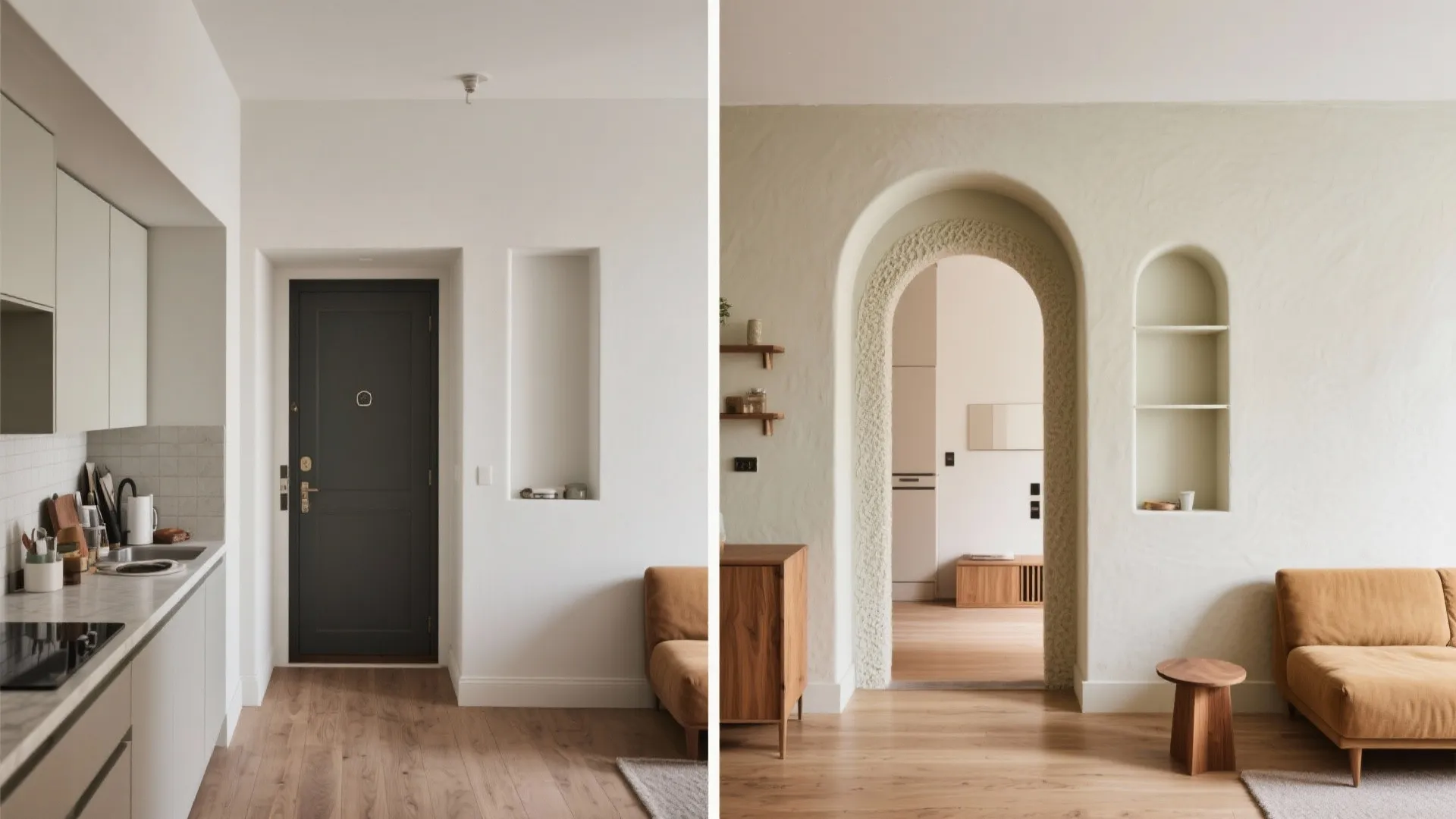 Before and after comparison showing a standard rectangular doorway transformed into a beautiful arched entrance