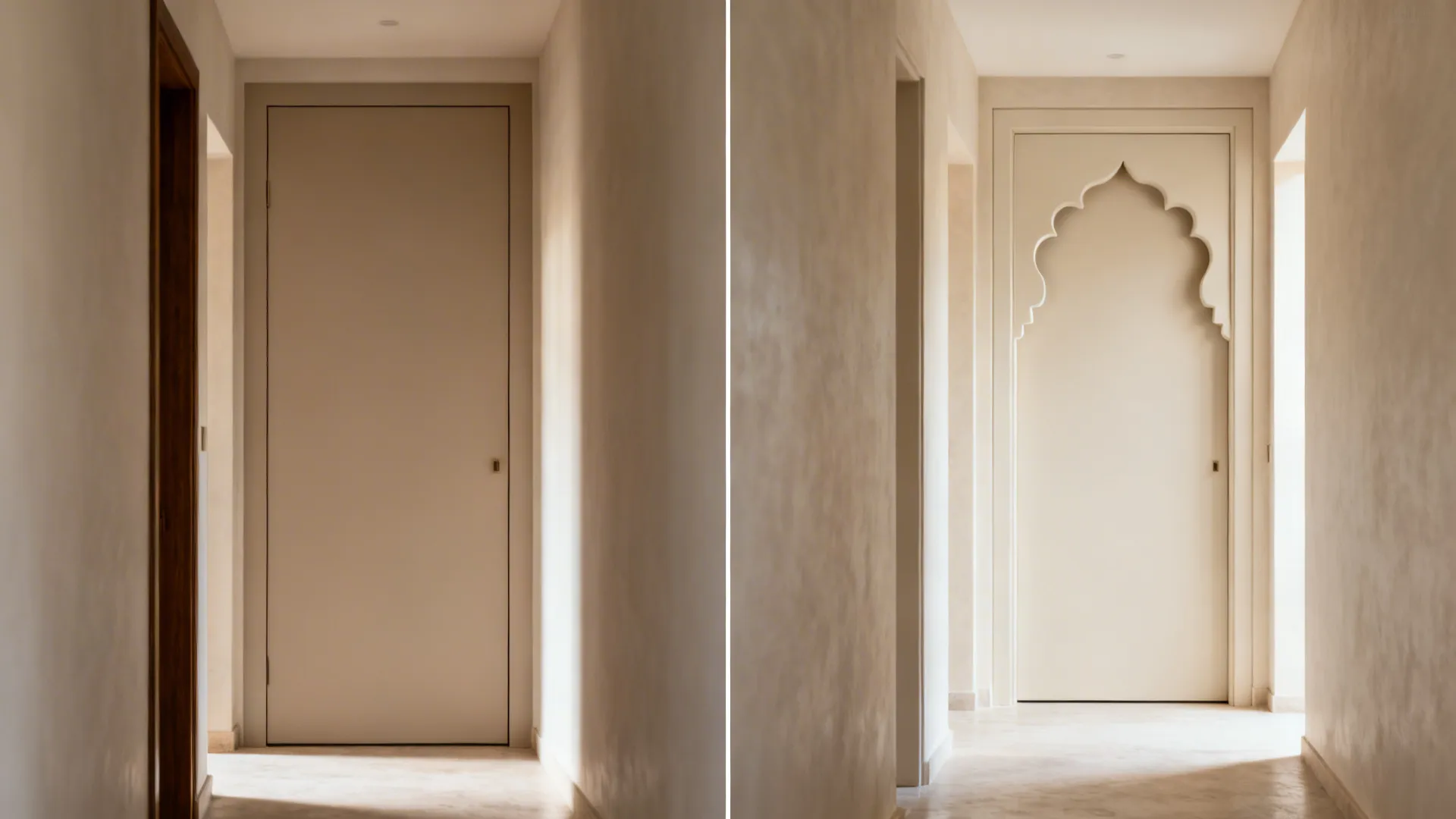 Before-and-after corridor showing a heavy solid door replaced by an airy arch cutout CNC door.