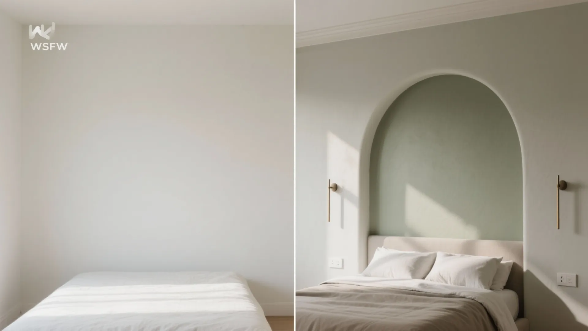 Before and after comparison showing a plain white wall transformed into a green arched alcove