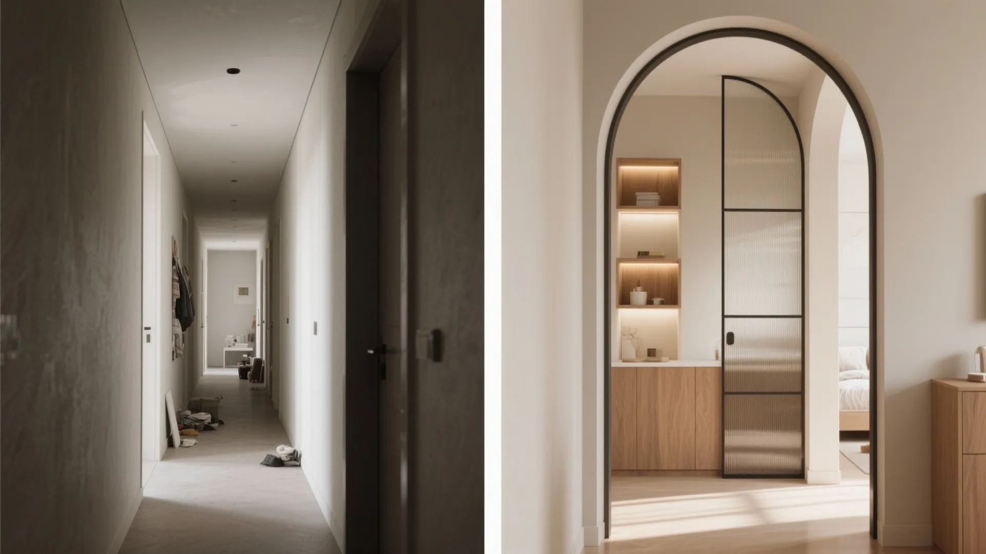 Side by side comparison of a narrow hallway and a modern arched glass door entryway