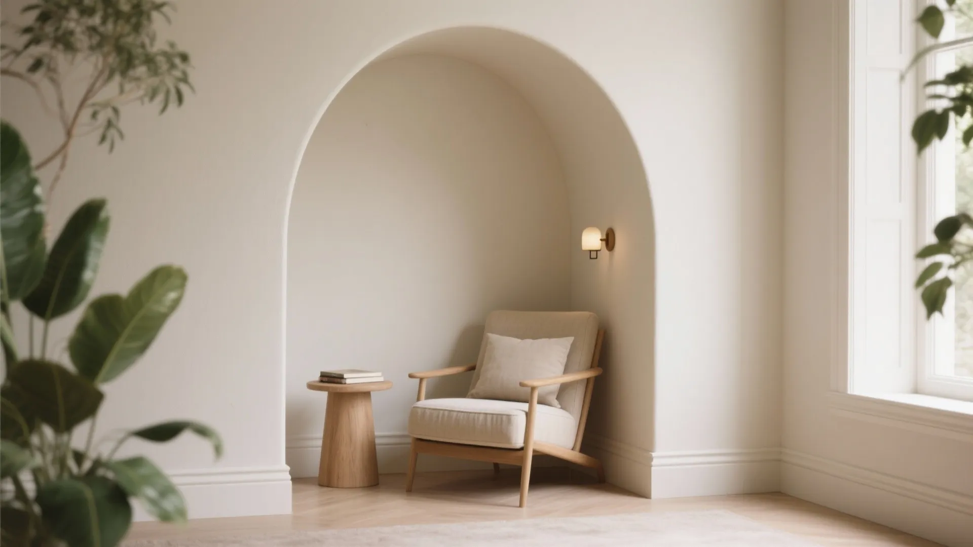 Reading corner featuring an arched wall niche cream chair wooden side table and small light