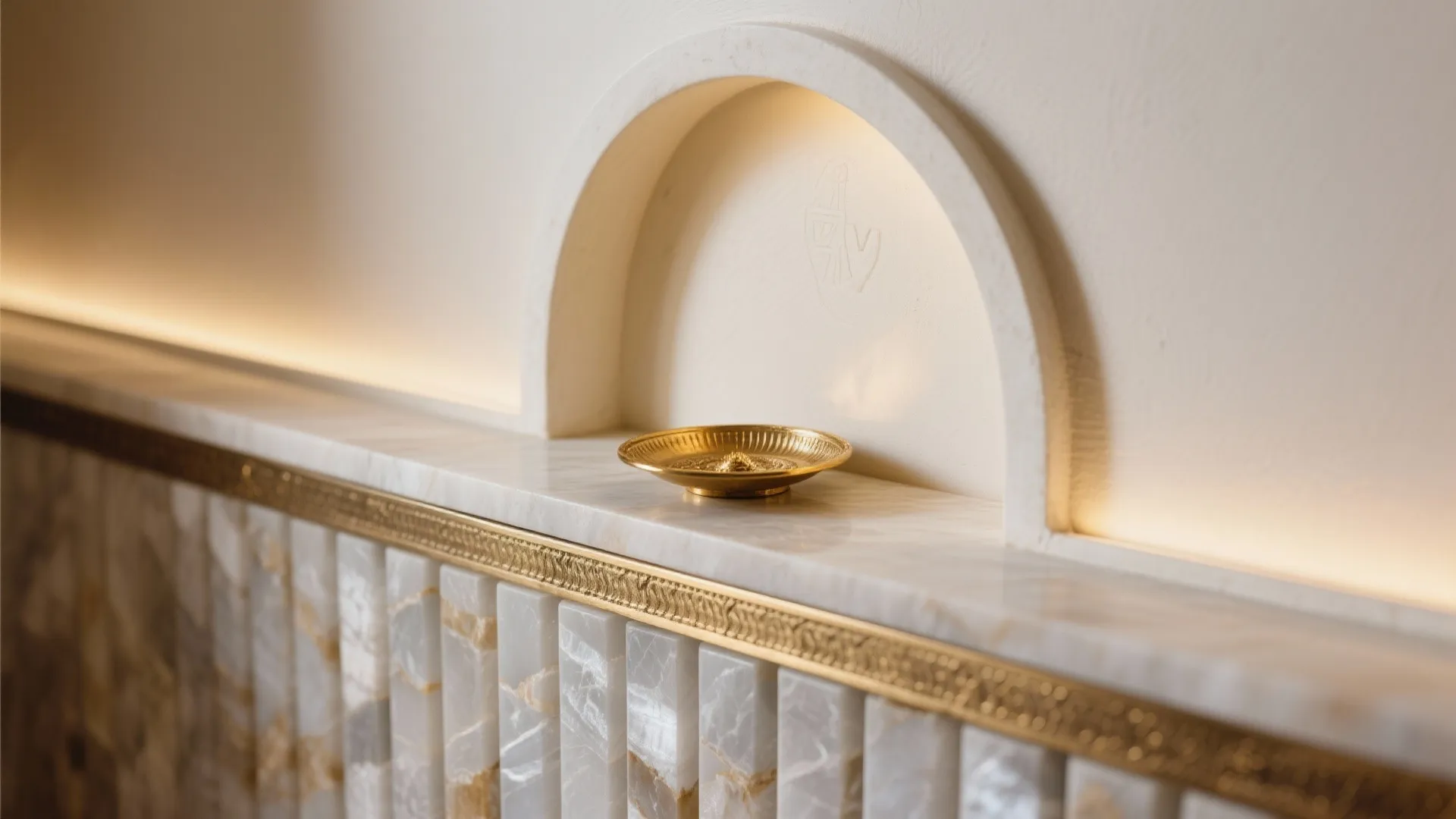 Close-up of quartz ledge and brass aarti recess under a lean overhead arch.