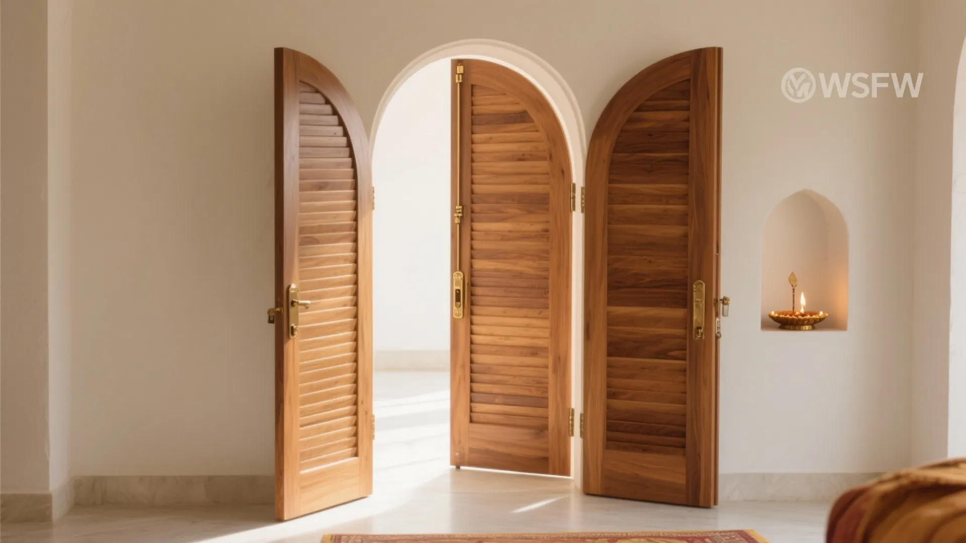 Arched wooden double doors with shutters opening into a bright white room with natural light