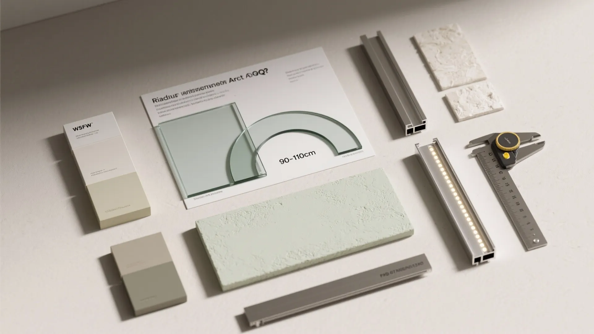 Flat lay of interior design materials including glass samples light fixtures and stone wall panels