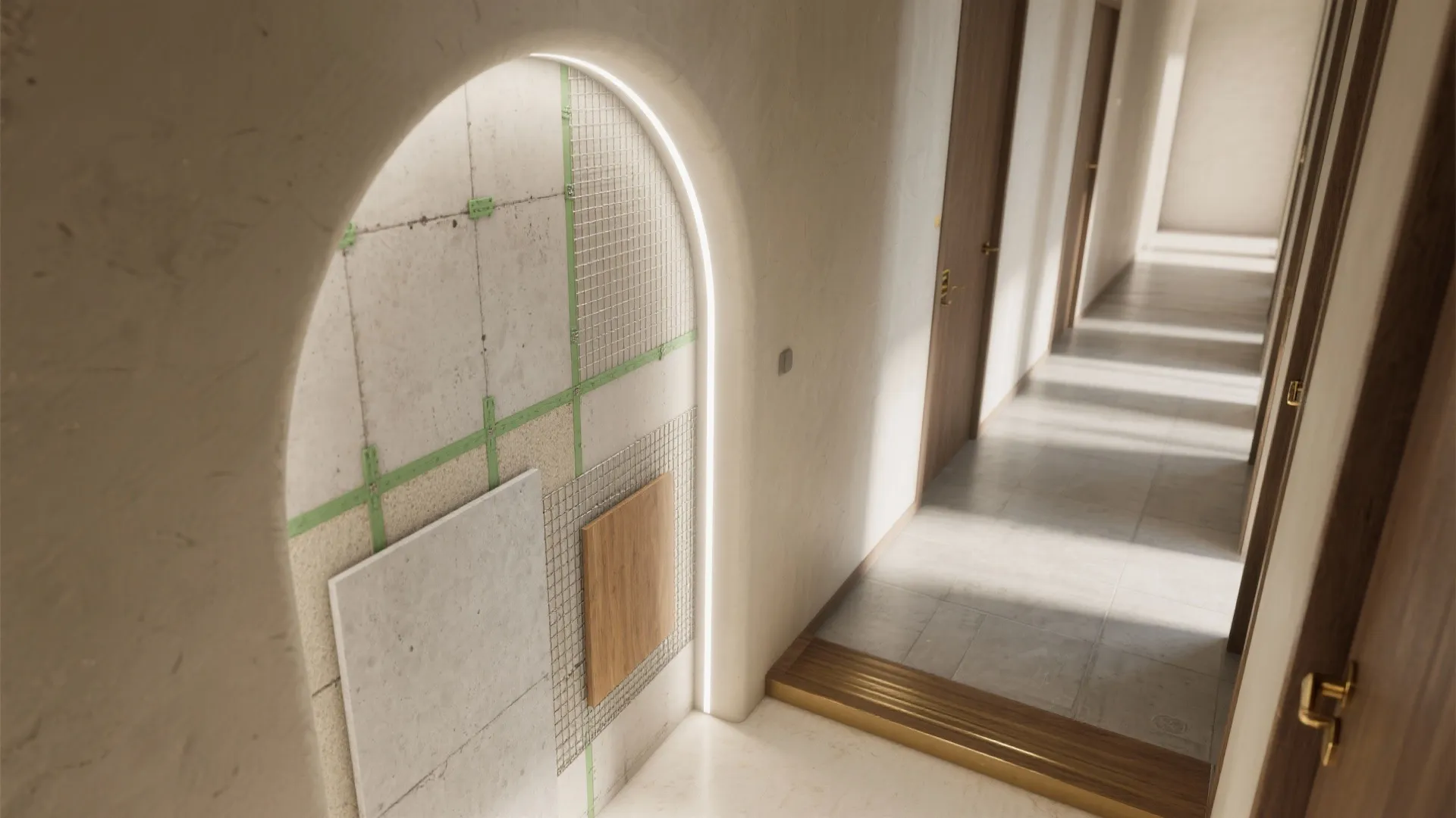 Interior design drawing showing wall panel construction details inside an arched hallway with light fixture
