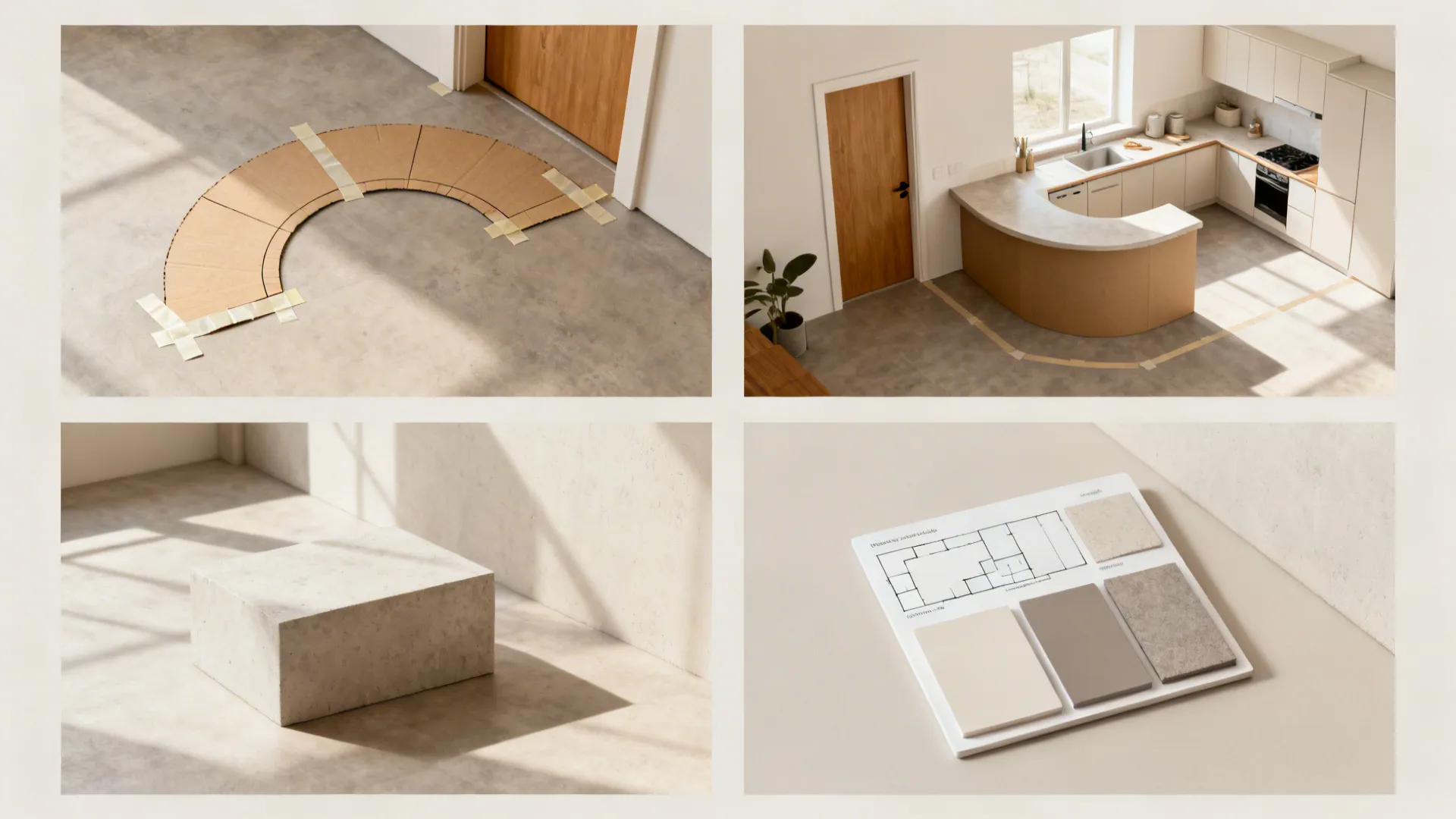 Top-down vignettes showing taped arch mock-ups, templates, and clearances for small kitchens.