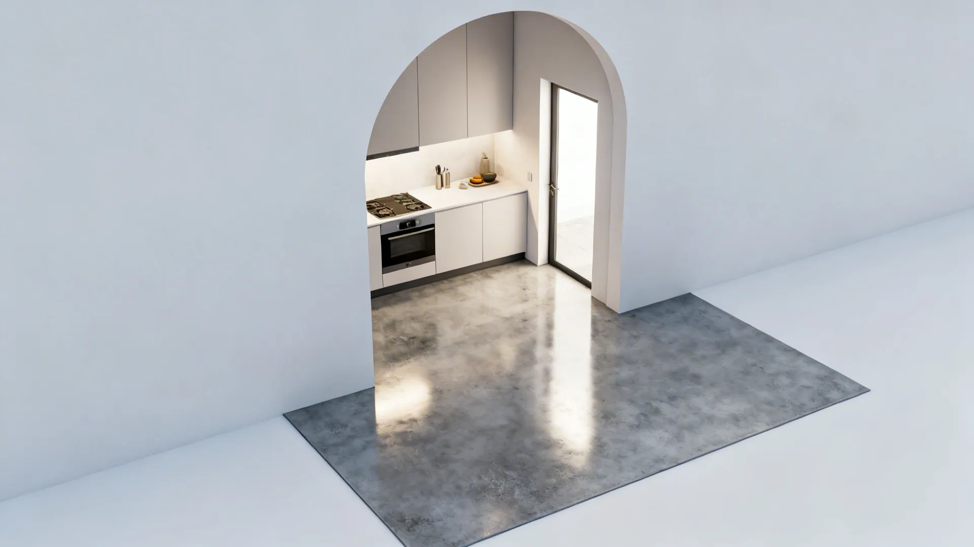 Top-down plan showing a full-height arch opening and continuous concrete flooring.