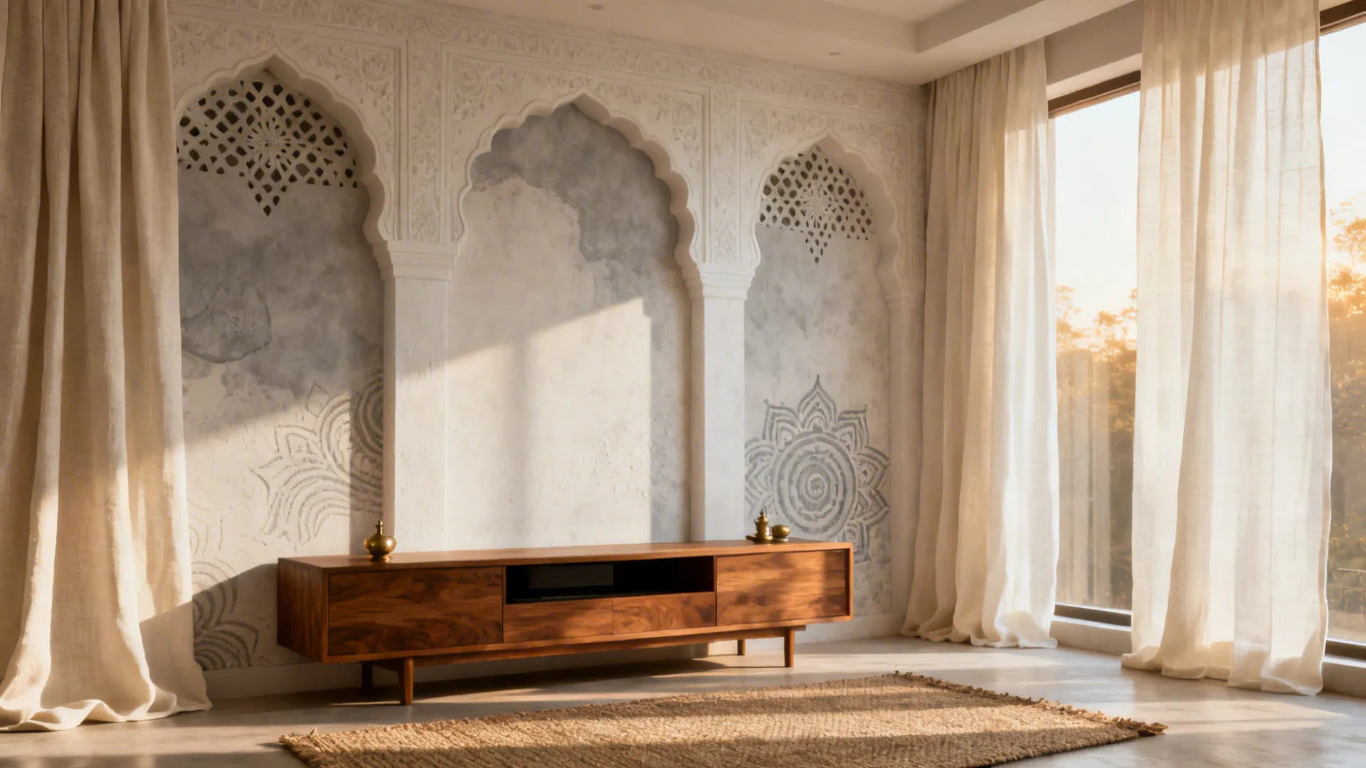 Soft arch perspective 3D wallpaper behind a teak TV console creates a refined focal wall.