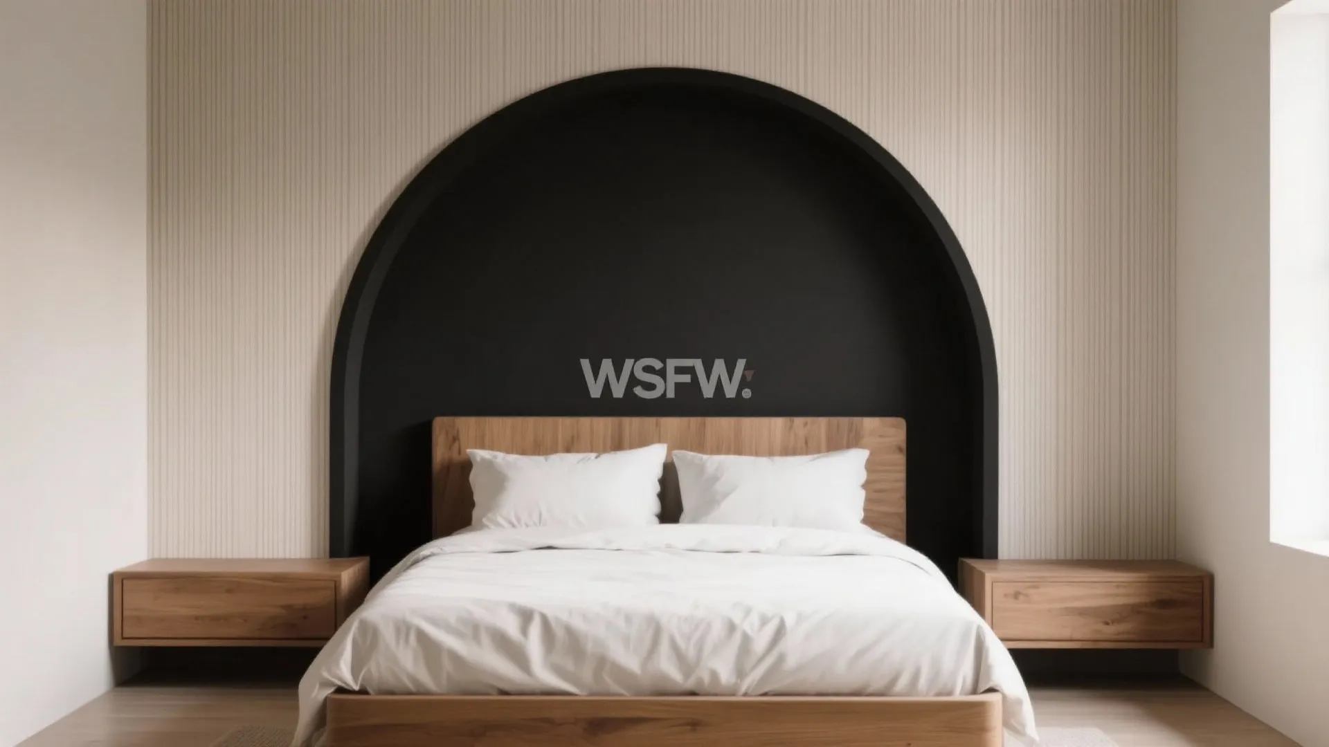 Minimalist bedroom with arched black wall feature behind wooden bed frame and two floating cabinets