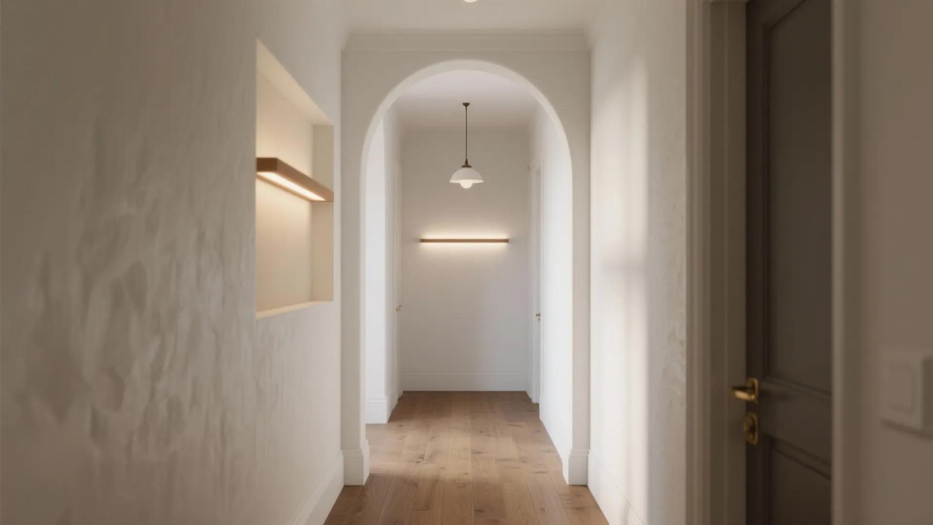 Bright white hallway featuring an archway wooden floor a wall light and a ceiling light
