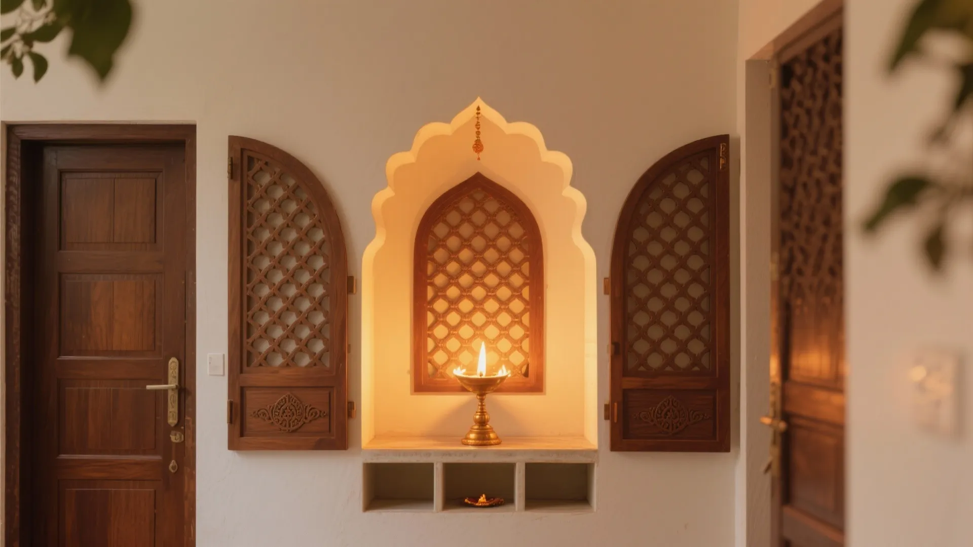 Traditional white wall niche featuring a lit brass oil lamp with decorative wooden carved shutters