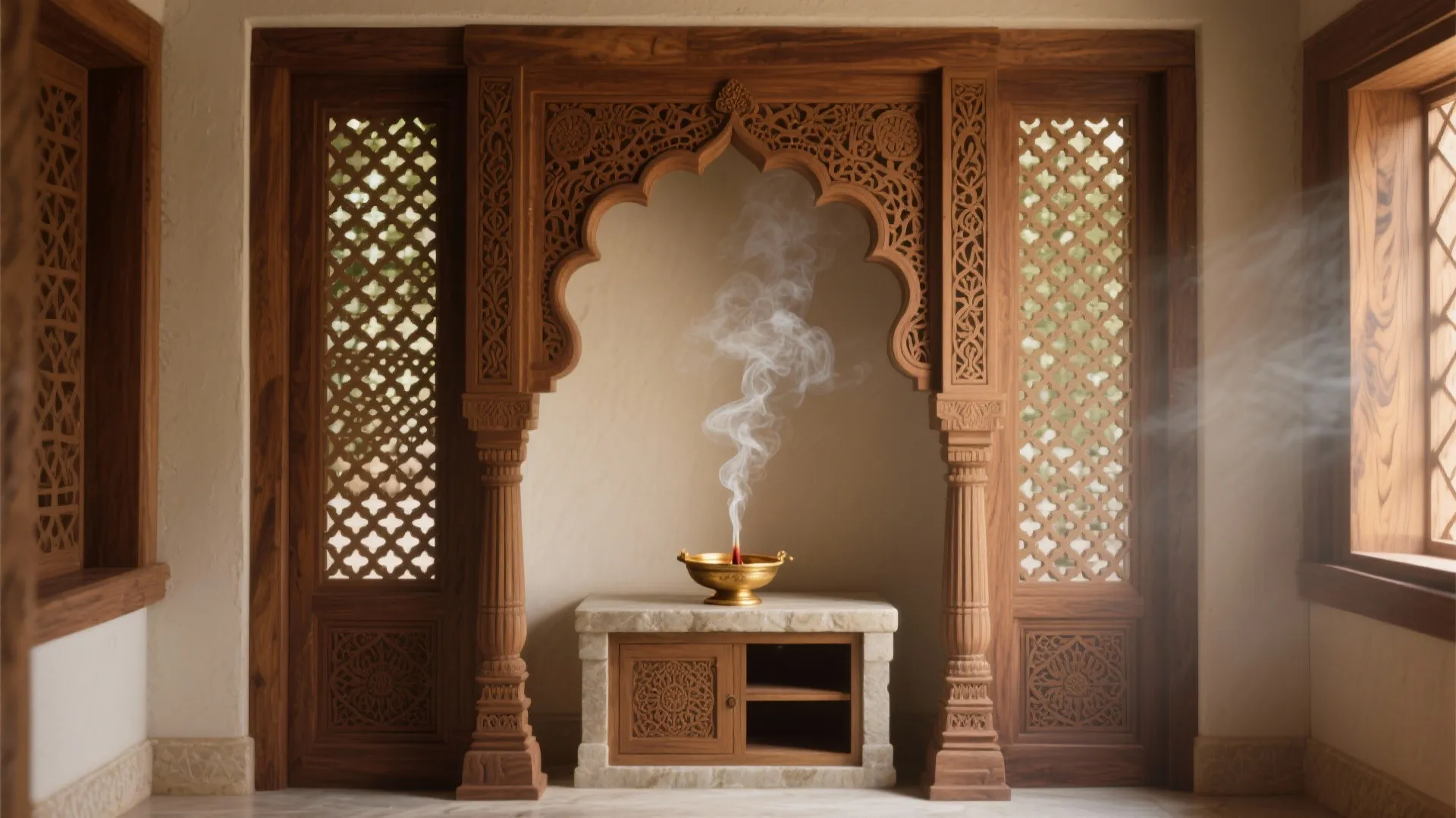 Wooden arch with intricate carvings and lattice wall panels surrounding a small marble storage cabinet