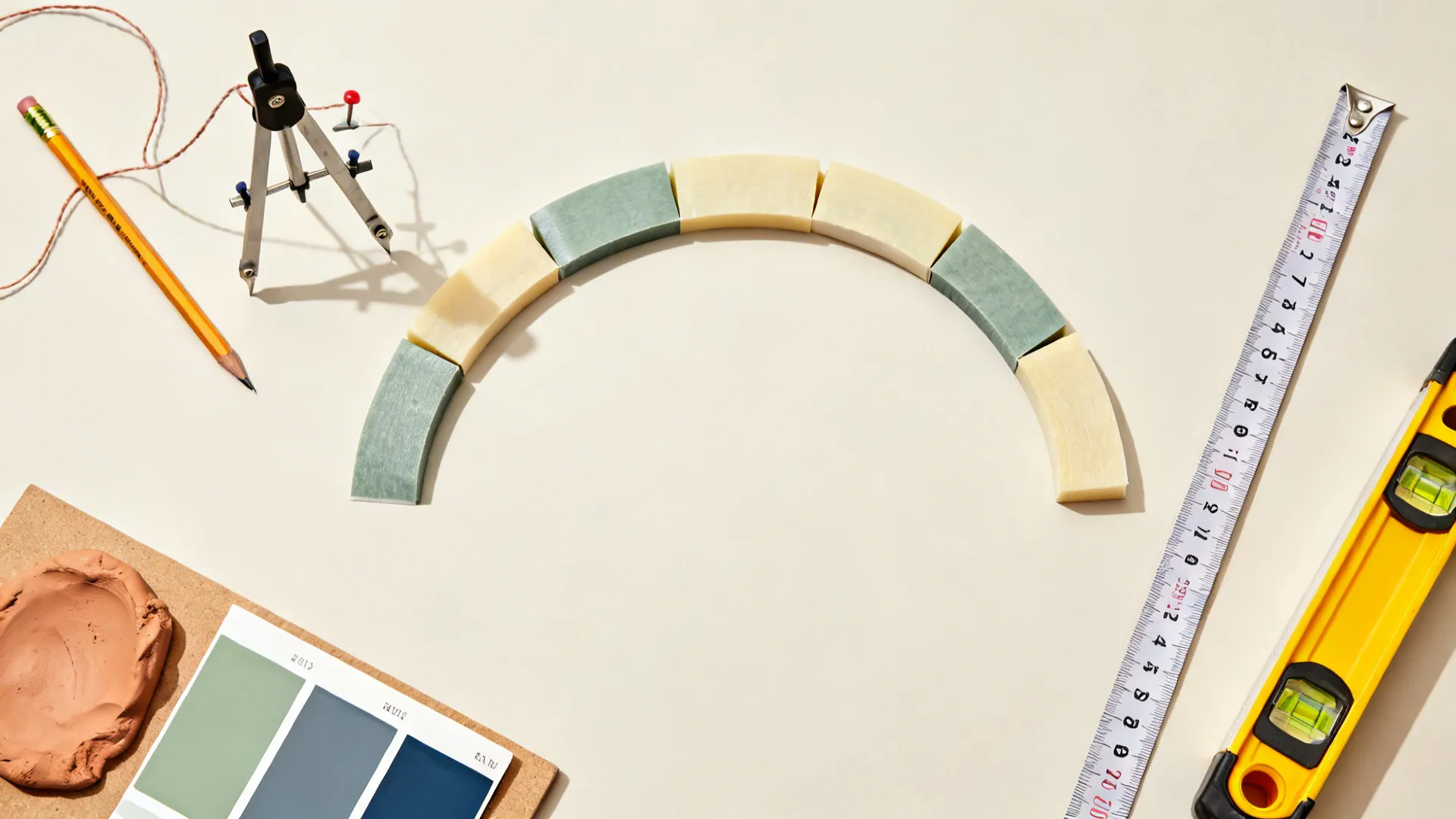 Flat lay of string compass, tape, level, and color swatches for painting an arch.