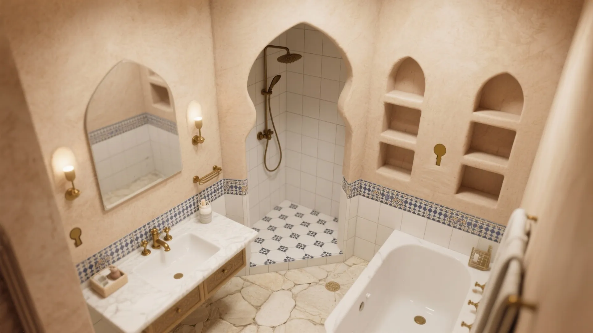 3) Keyhole arches and tiled niches for storage