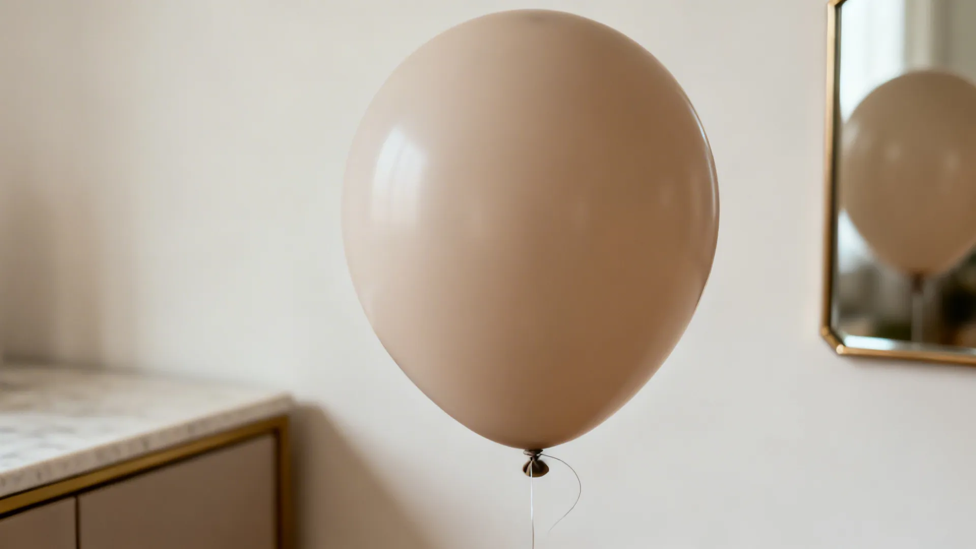 A single large beige balloon floating in a bright room next to a gold framed mirror