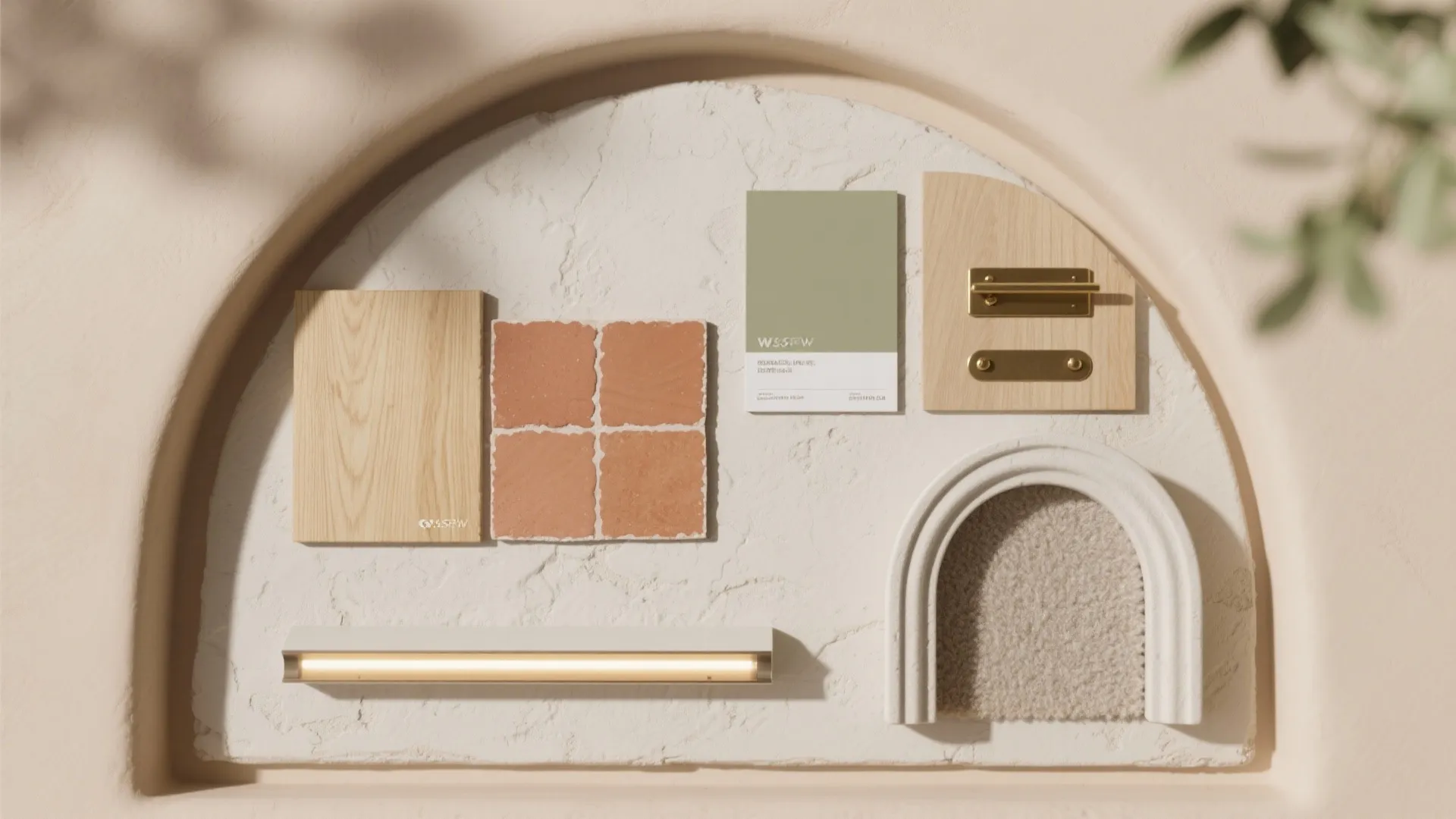 Interior design mood board with wood tiles green paper and gold metal handles inside arch
