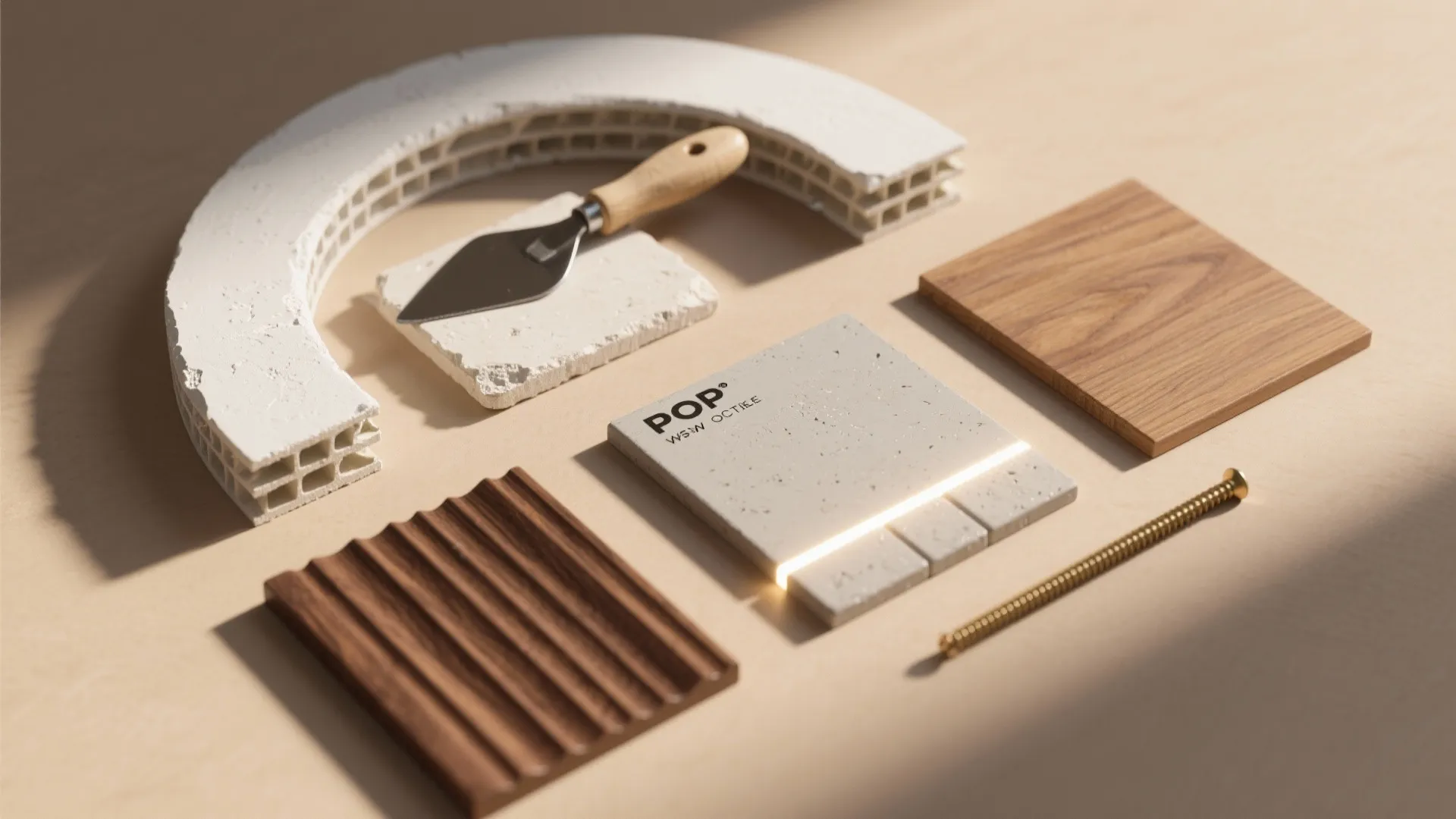 Selection of interior design materials including wood samples stone tiles a hand tool and long screw