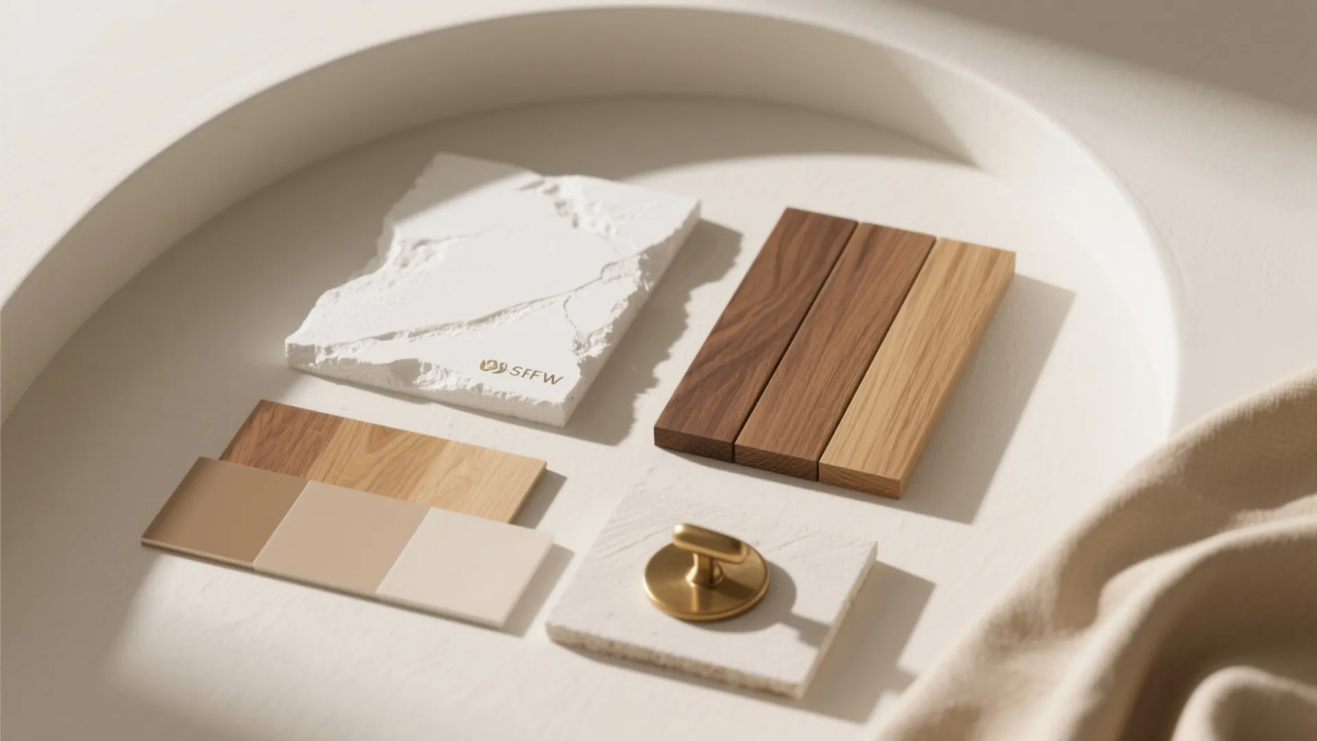 Material board featuring white textured stone wooden planks neutral color swatches and a gold knob