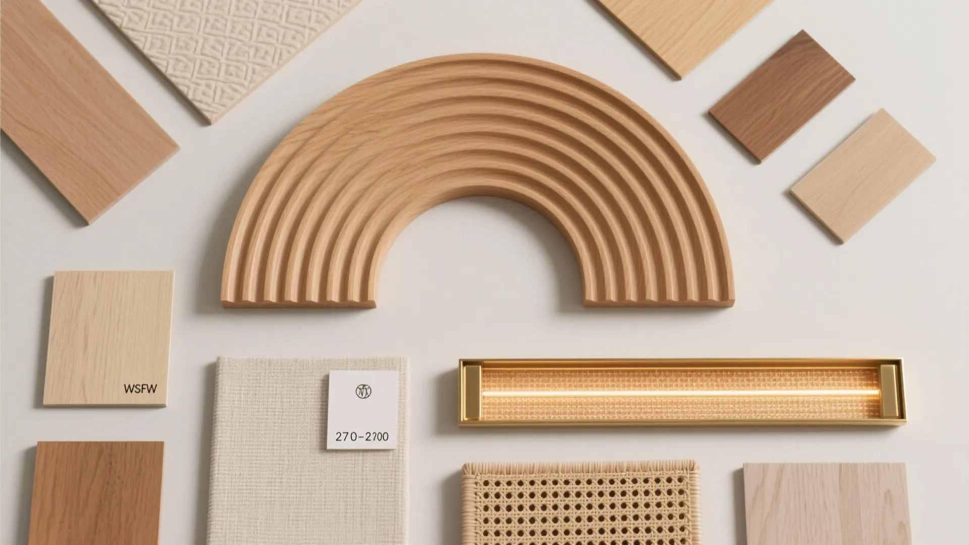 Flat lay of fluted wood, linen laminate, rattan, brass trims, and warm LED for a minimalist arch.
