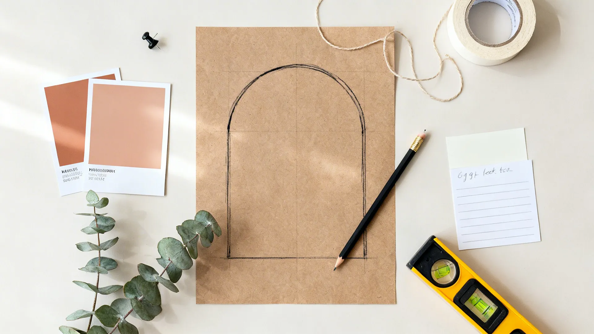 Top-down flat lay of arch sketch, pencil with string, tape, and clay and off-white paint swatches.