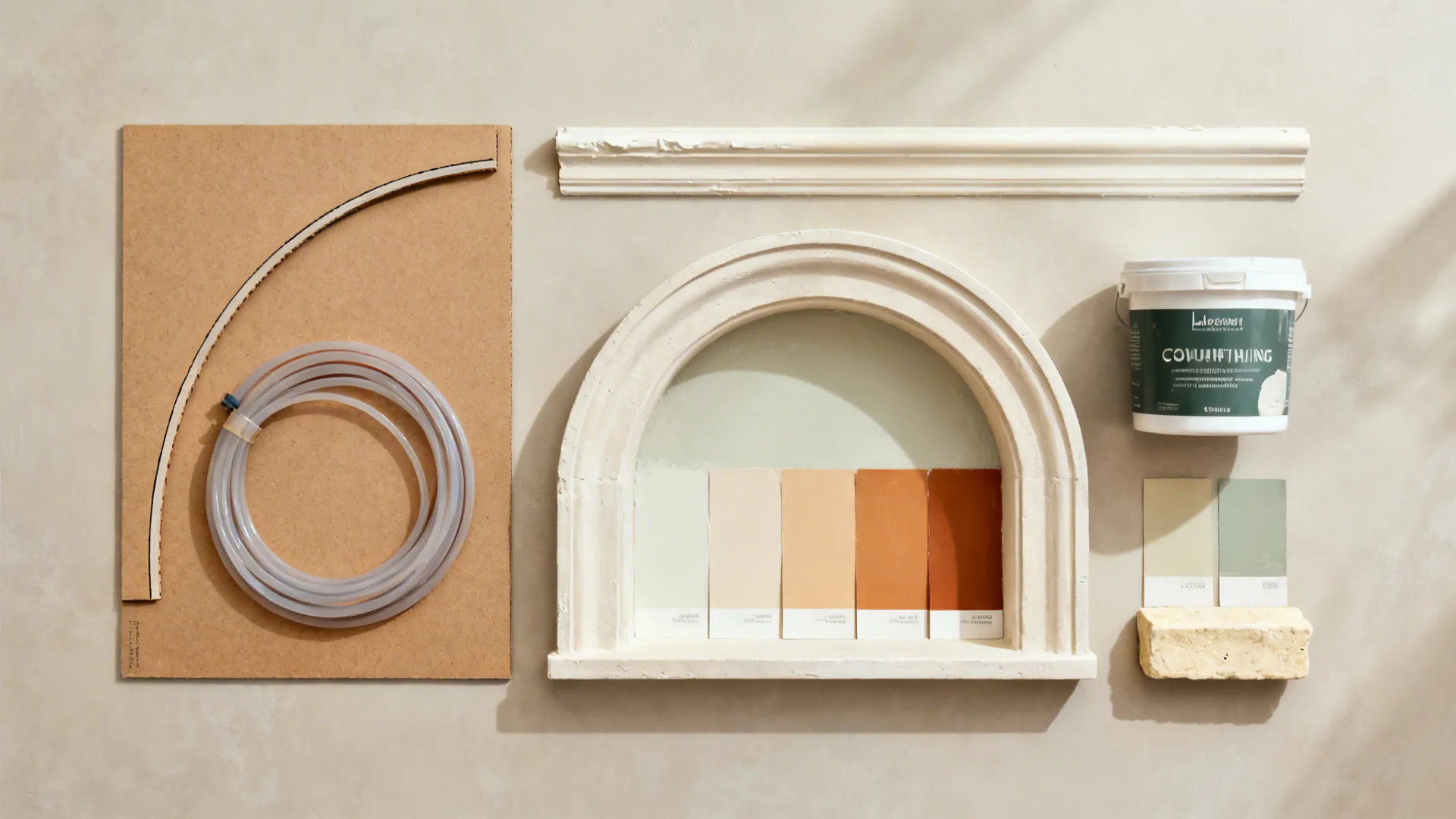 Flat lay of MDF curve, flexible bead, joint compound, limewash swatches, and stone sill.