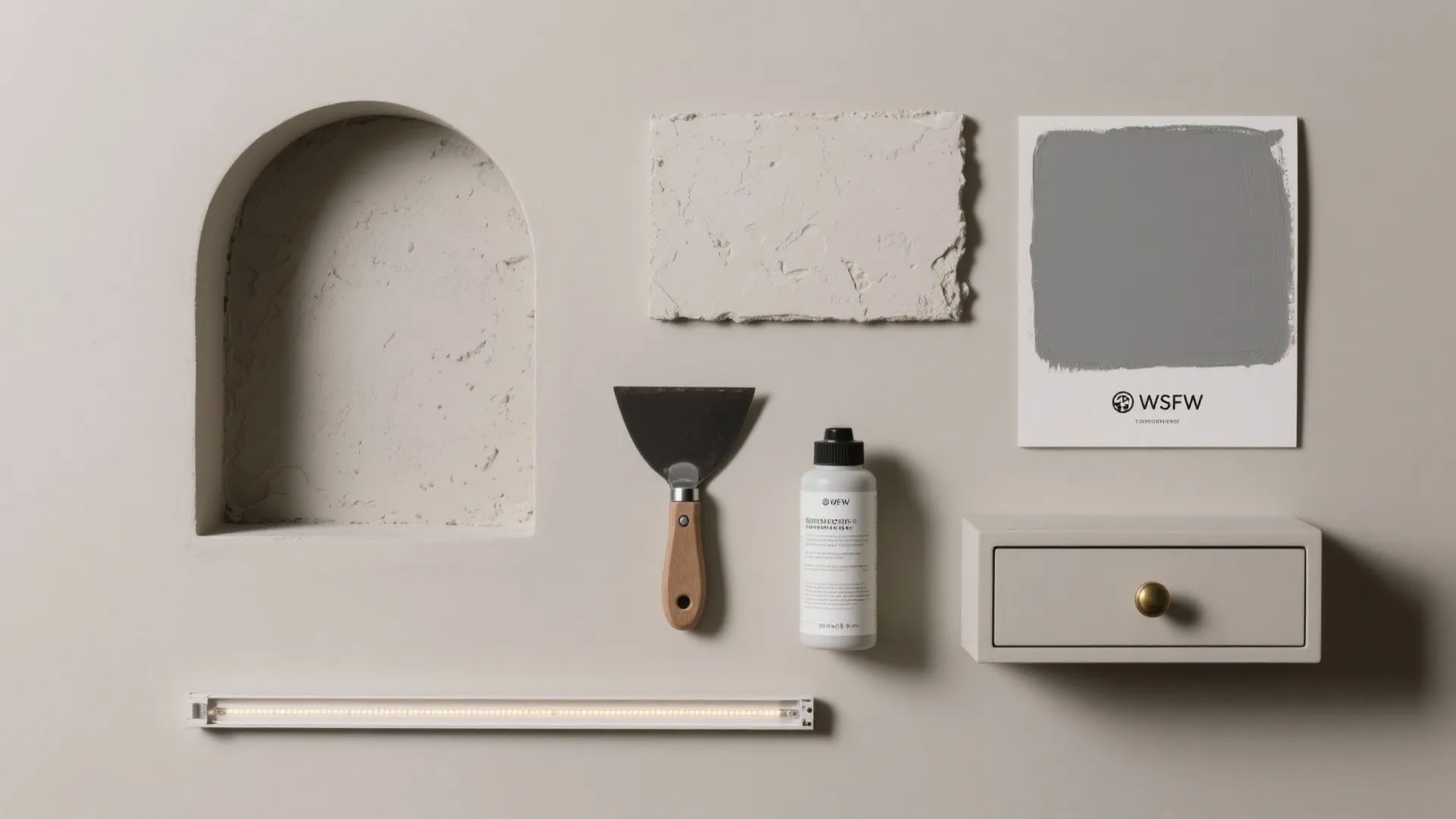 Flatlay of microcement, LED channel, sealer, and soft gray swatches for an arched niche.