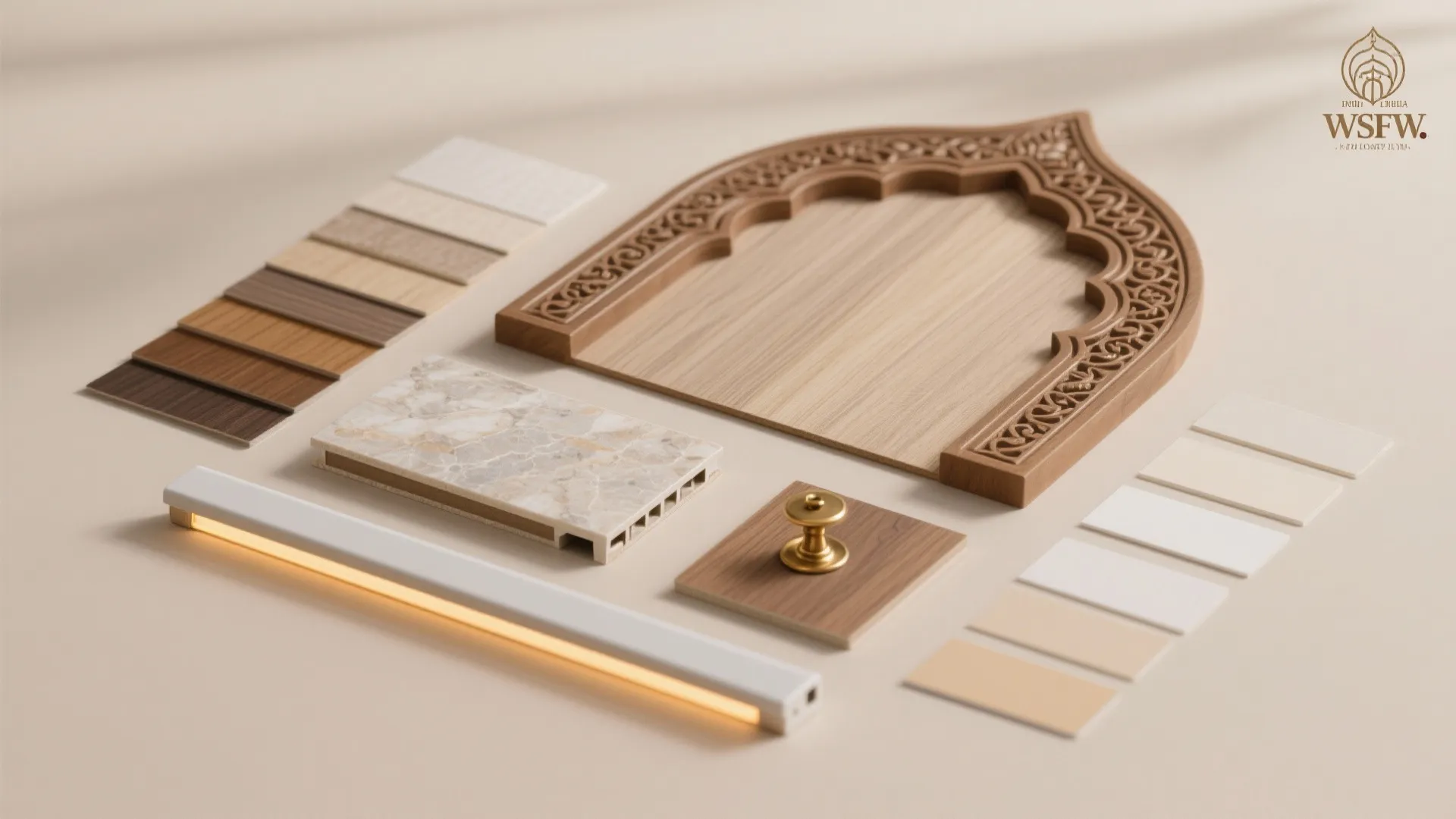 Flatlay of matte laminates, edge bands, brass accents, and warm LED for a pooja arch.