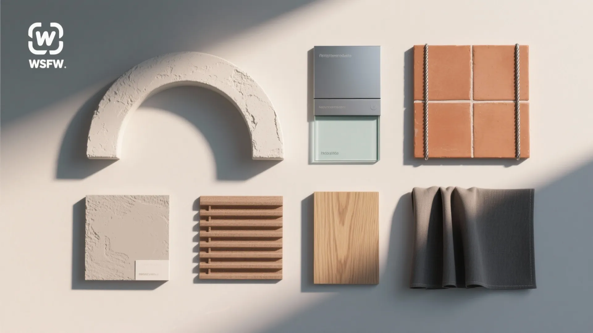 Top-down flatlay of plaster, aluminum, low-E glass, terracotta, stainless cable, laminate, oak, and acrylic fabric.
