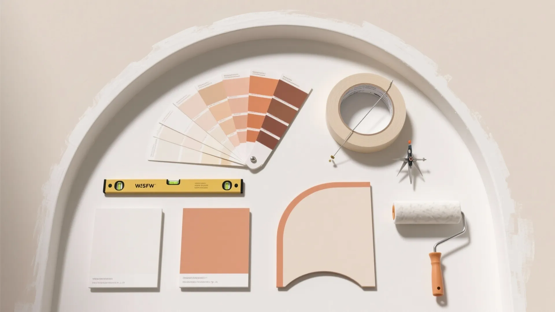 Interior design materials flatlay with color palette paint roller level tape and samples in arch