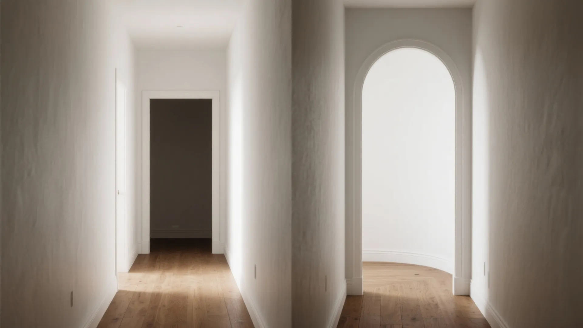 Before and after comparison showing a standard rectangular doorway transformed into a modern arched entrance