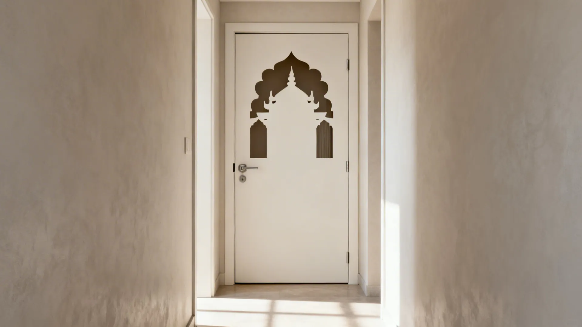 Matte-painted CNC door with temple arch cutouts creating airy negative space in a hallway.