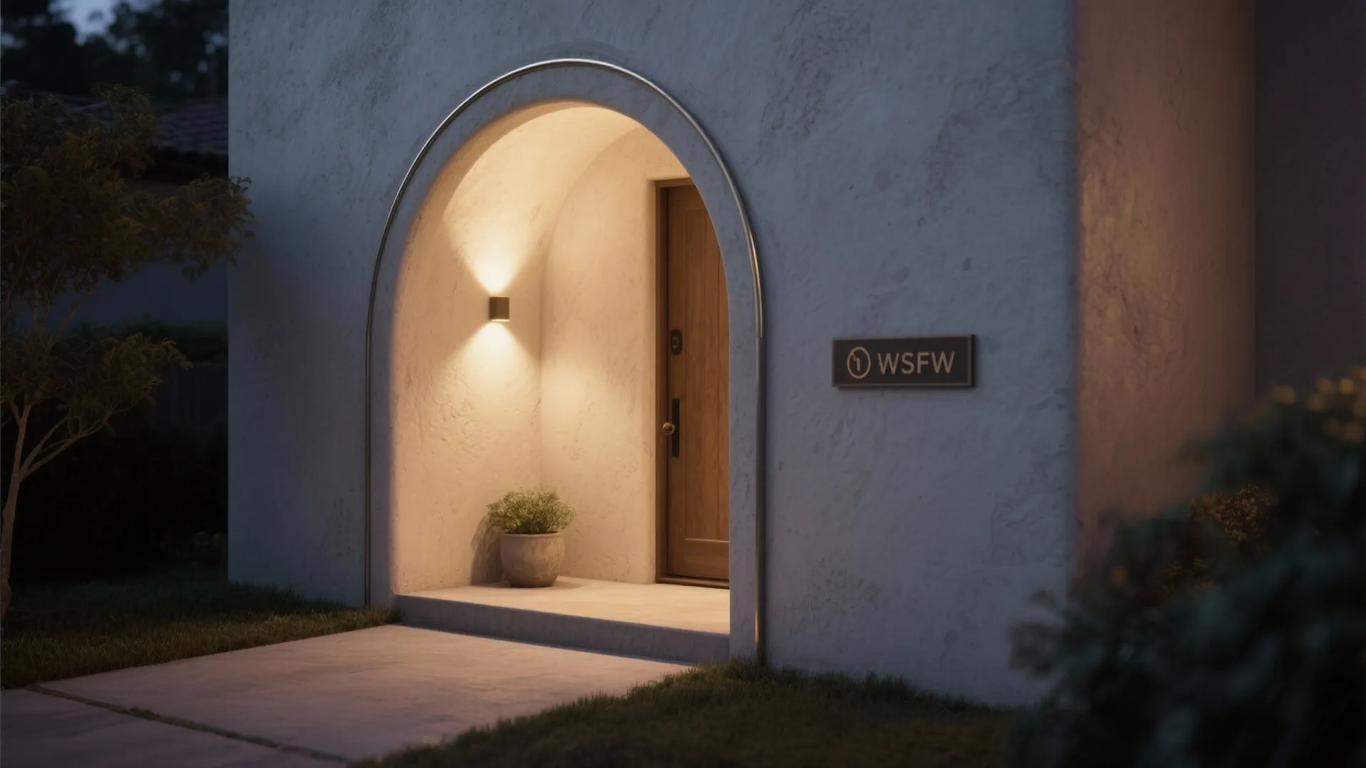 Arched building entrance with a wooden door small plant wall light and white textured walls
