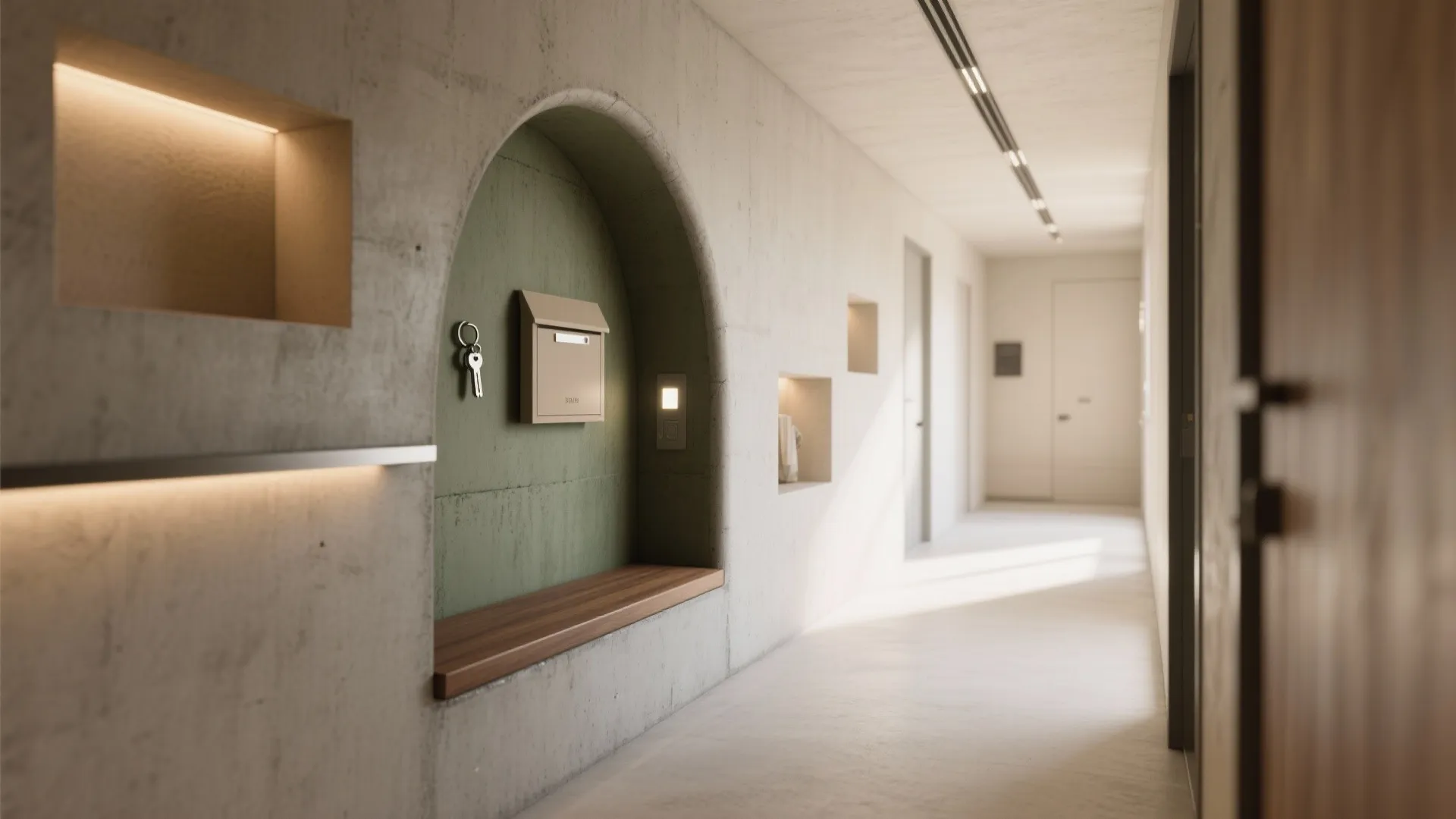 Minimalist concrete hallway featuring an arched green wall niche with mailbox keys and wooden bench