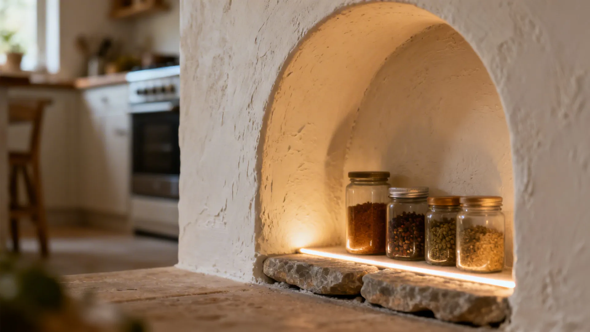 Macro of arched niche with limewash texture and warm LED lighting.