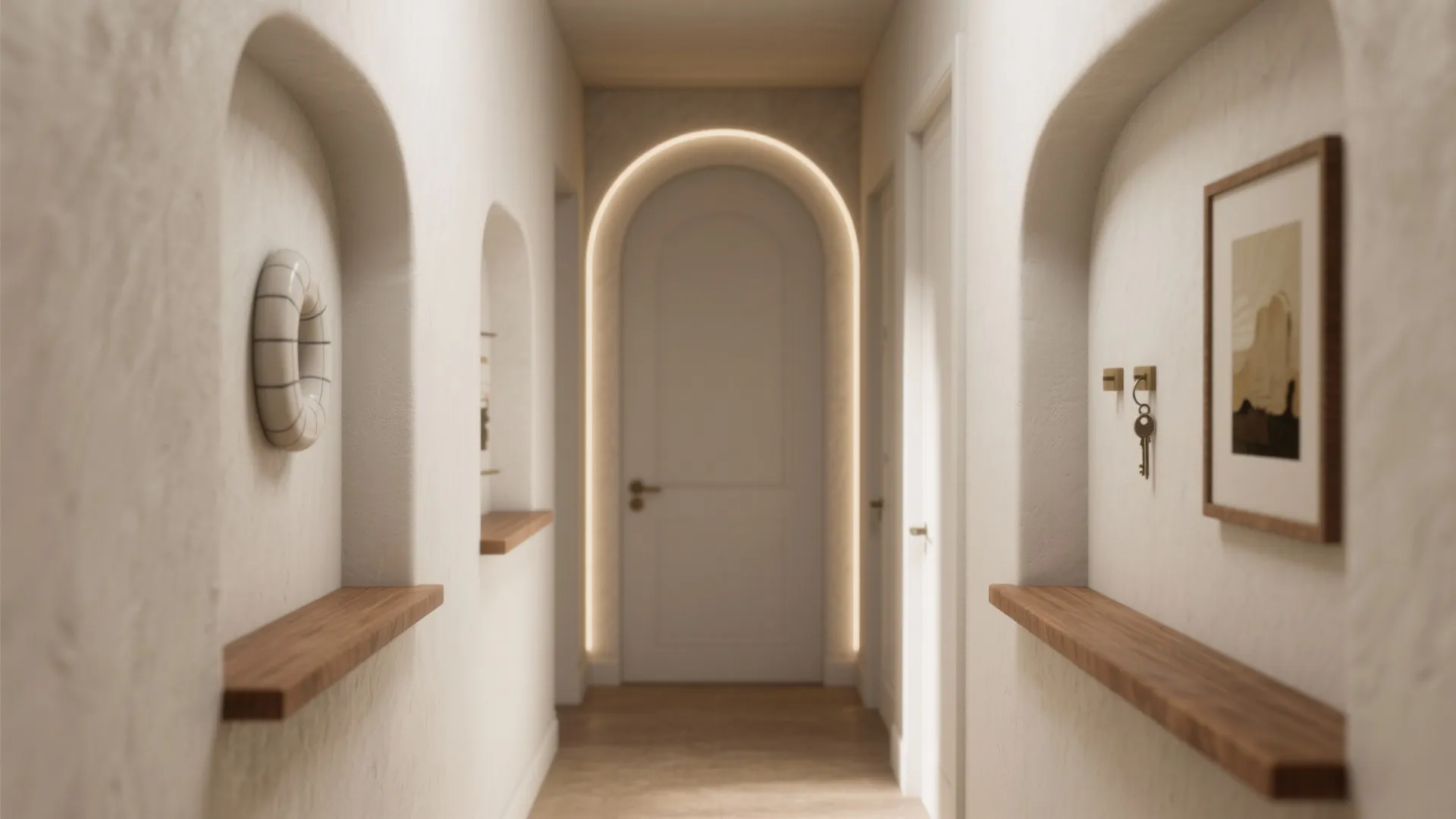 Minimalist hallway featuring arched wall niches with wooden shelves and a white door with light