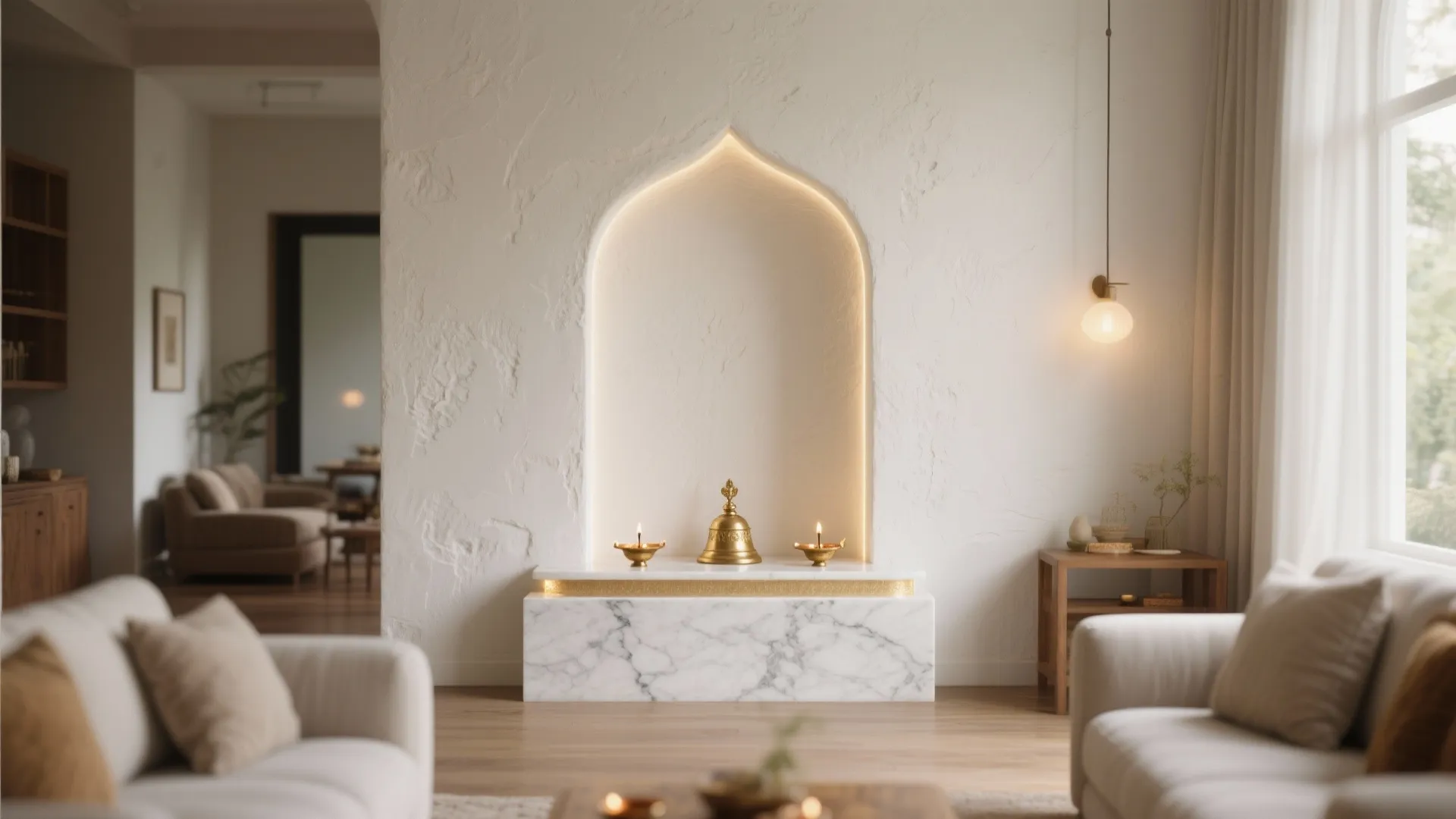 White wall with an arched shelf design holding small lamps and a bell in living room