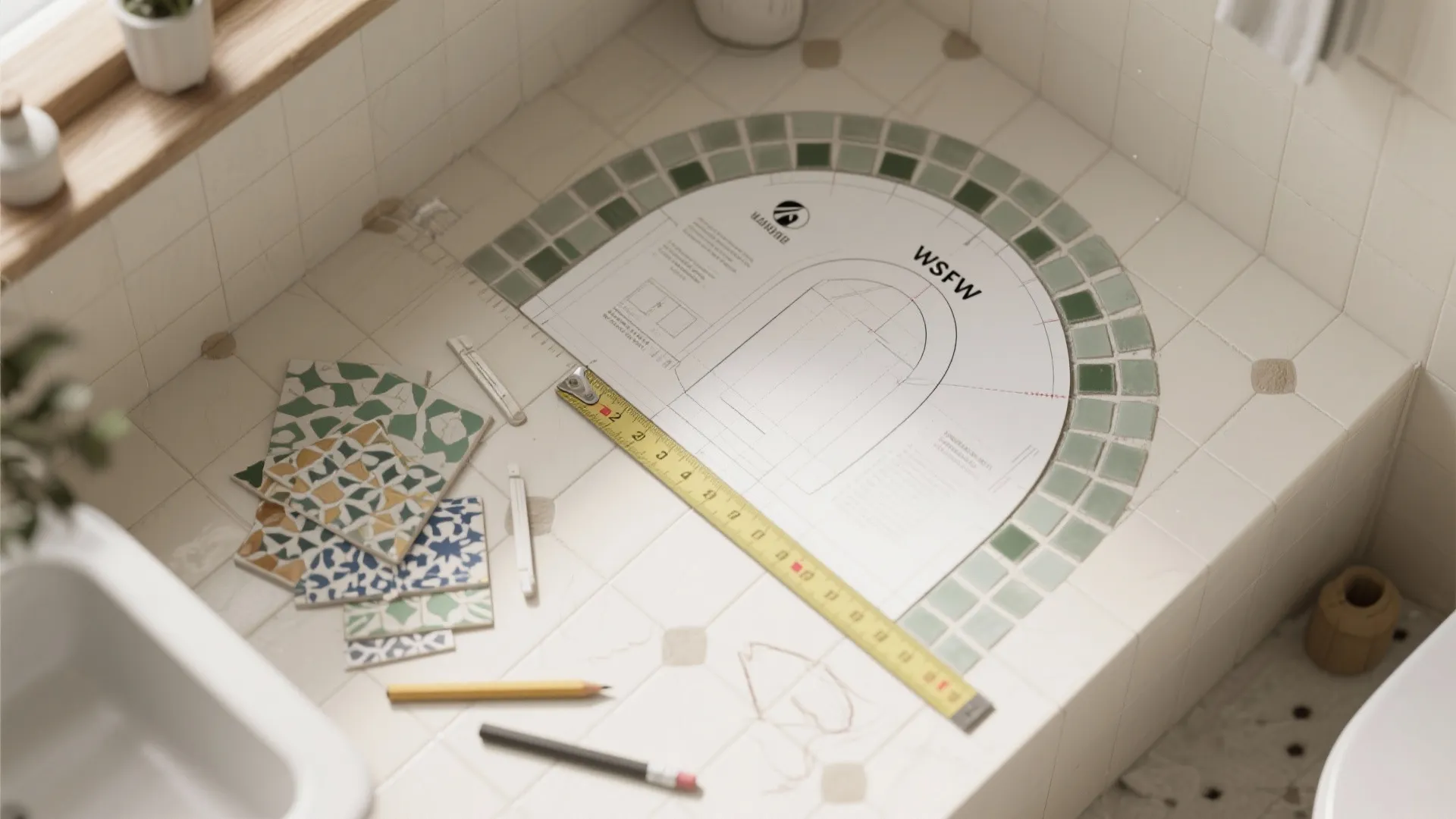 Top-down planning scene for an arched shower niche with mosaic samples and templates.
