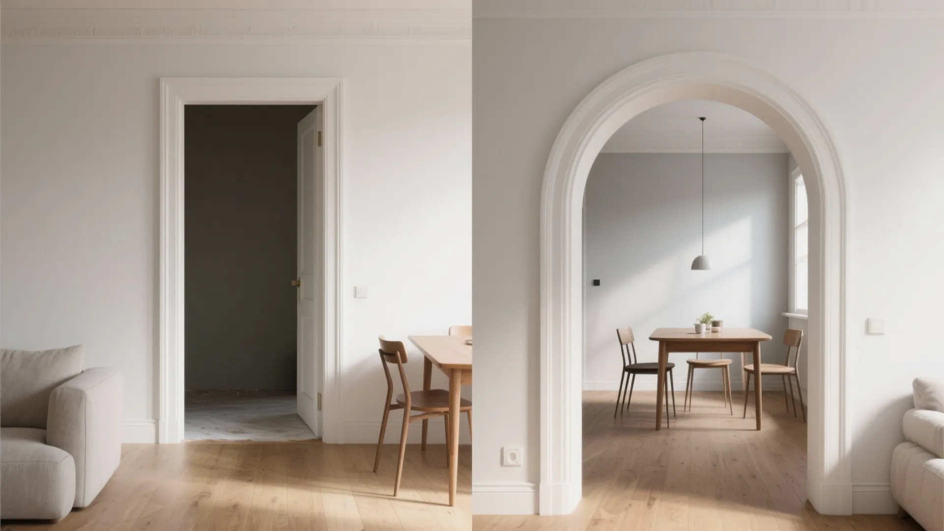 Minimalist Arched Opening to Frame the Dining Zone