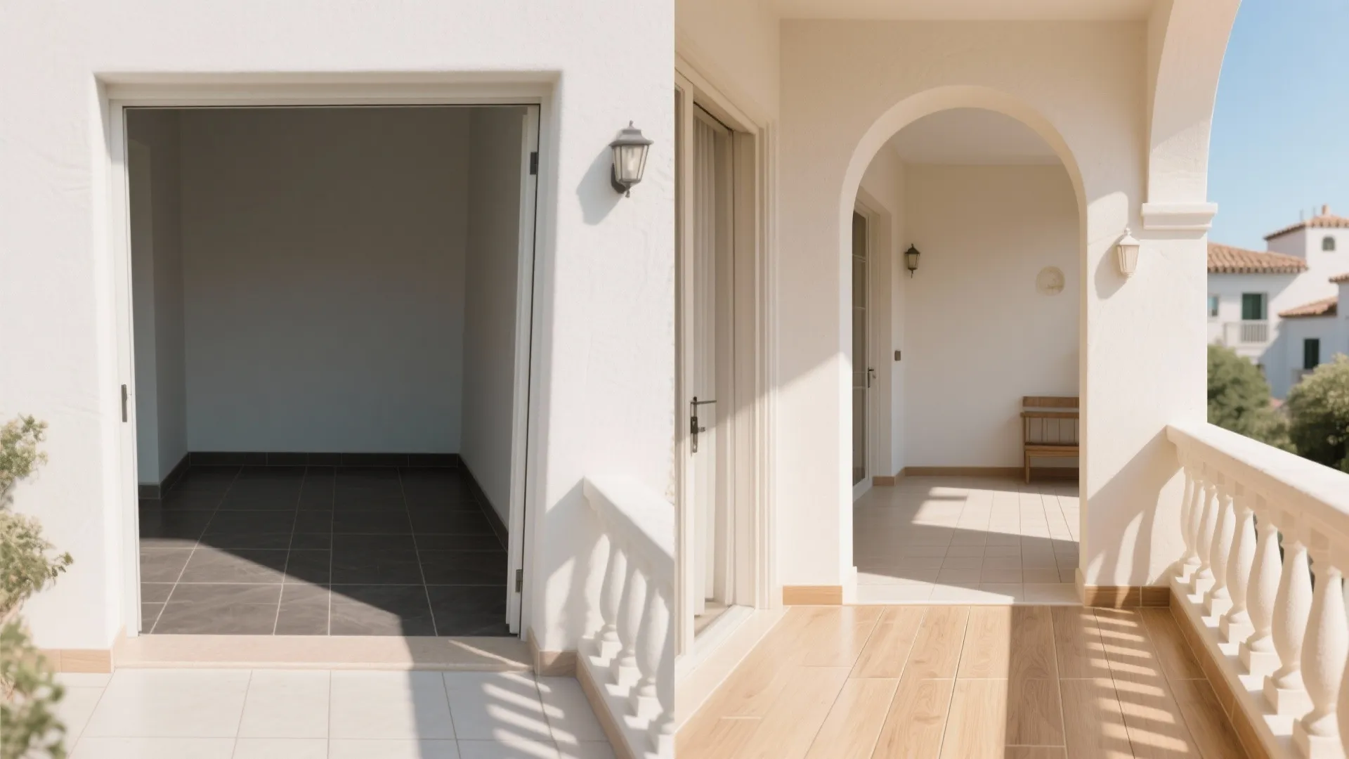 Before and after comparison showing a dark tiled balcony versus a bright white arched balcony