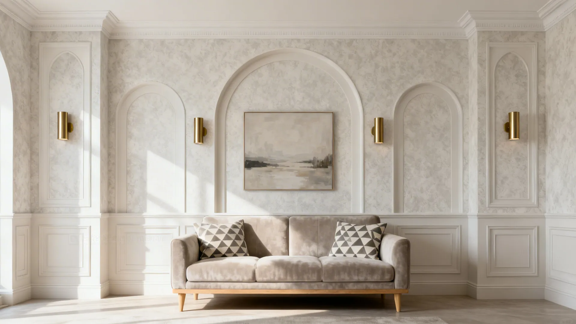Living room with 3D arch and panel molding wallpaper creating a built-in look.