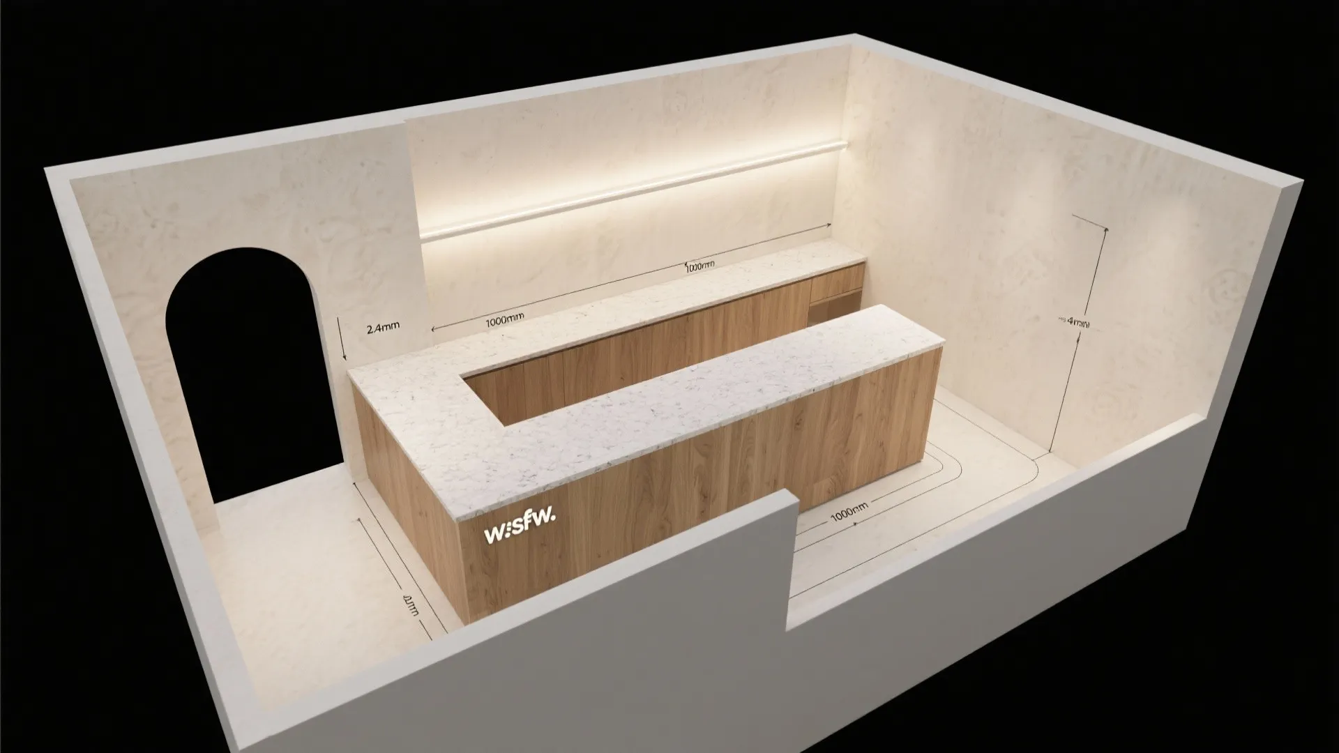 Interior design drawing showing a 3D room layout with wood cabinet and white stone counter