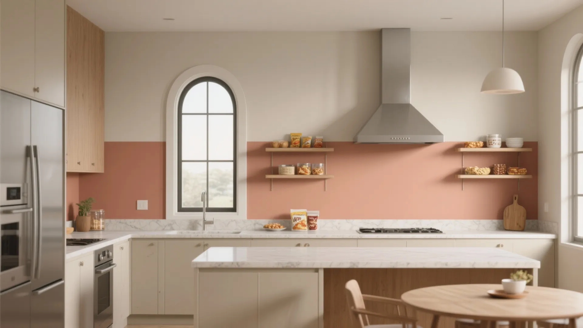 Color-blocked feature wall with framed pass-through