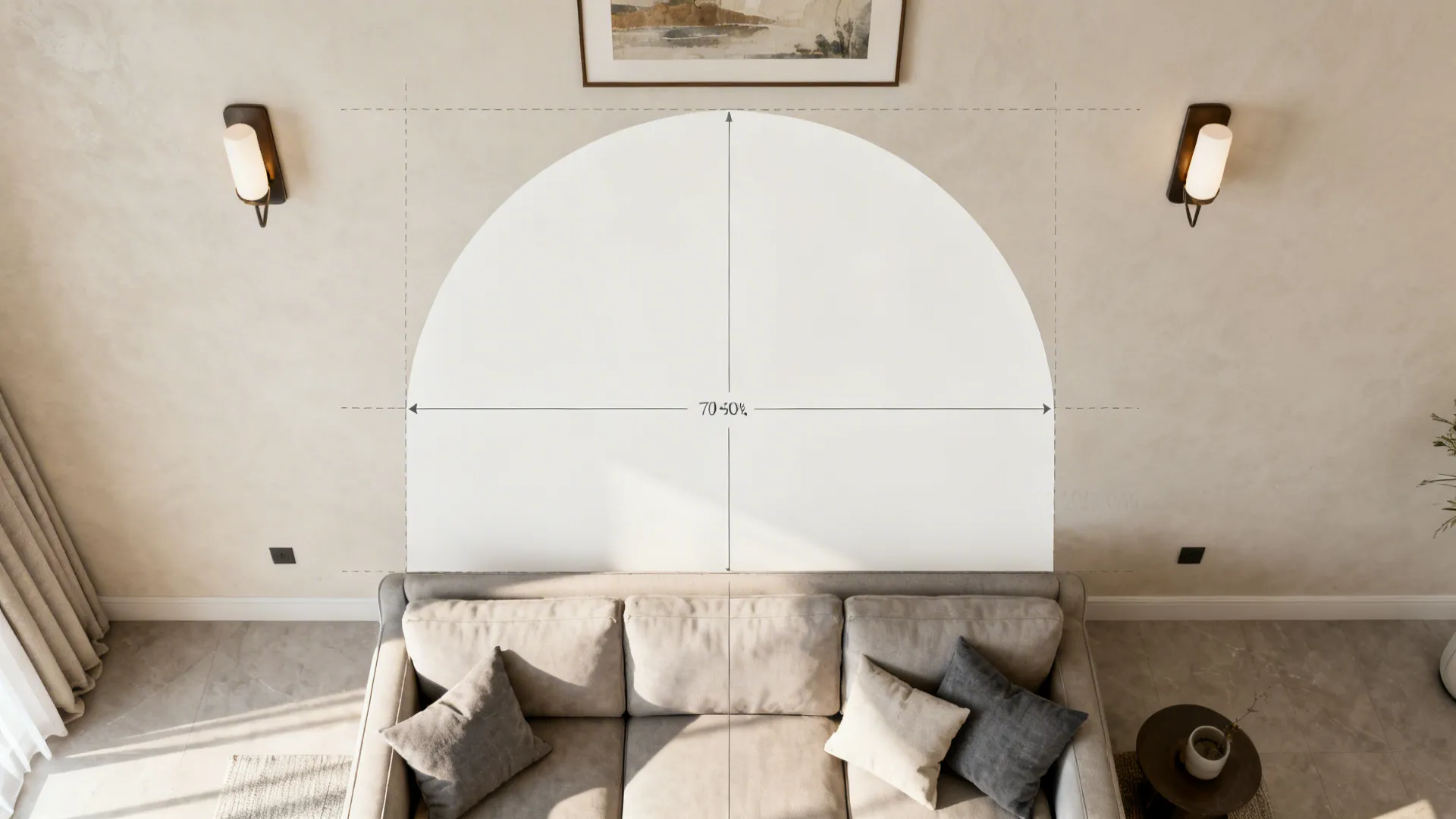 Top-down visualization showing proportional placement of a soft arch decal behind a sofa.