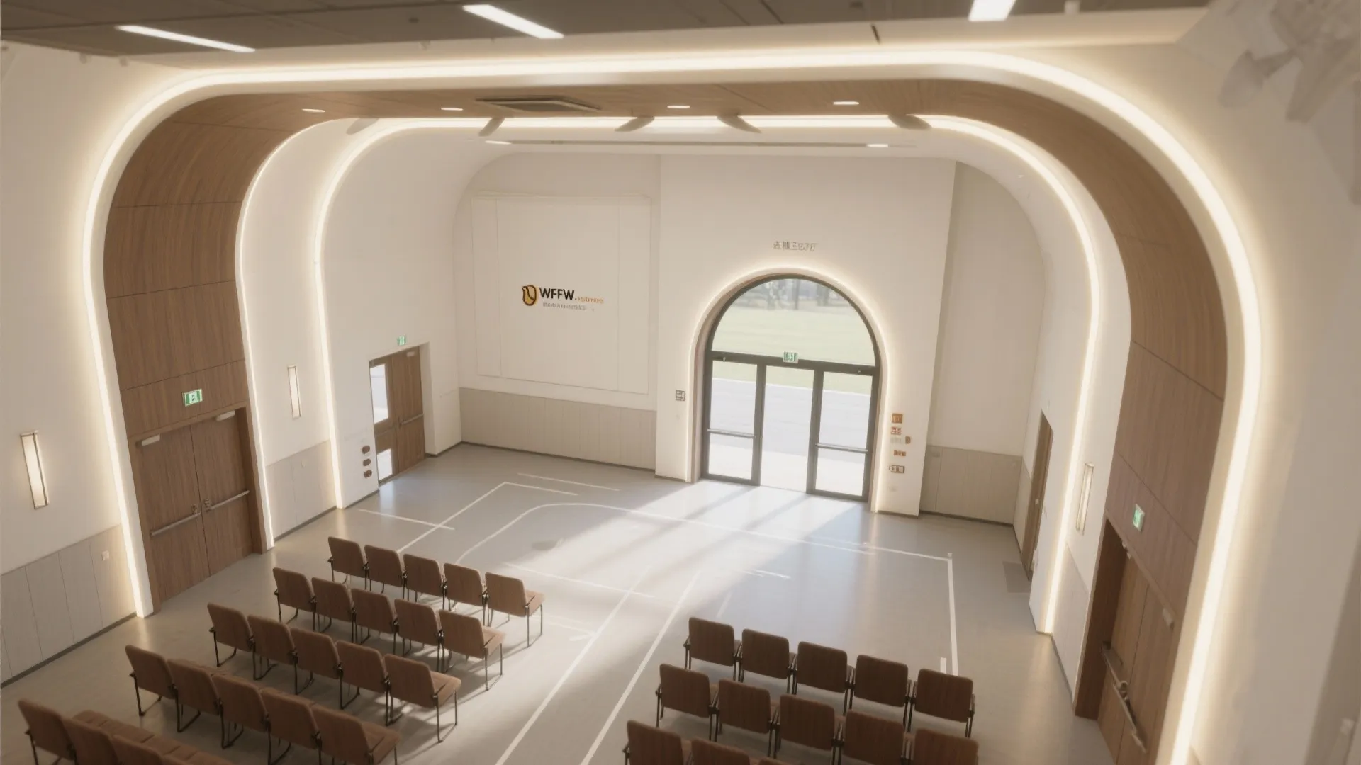 Meeting hall with curved wood ceiling lights brown chairs white walls and arched glass door
