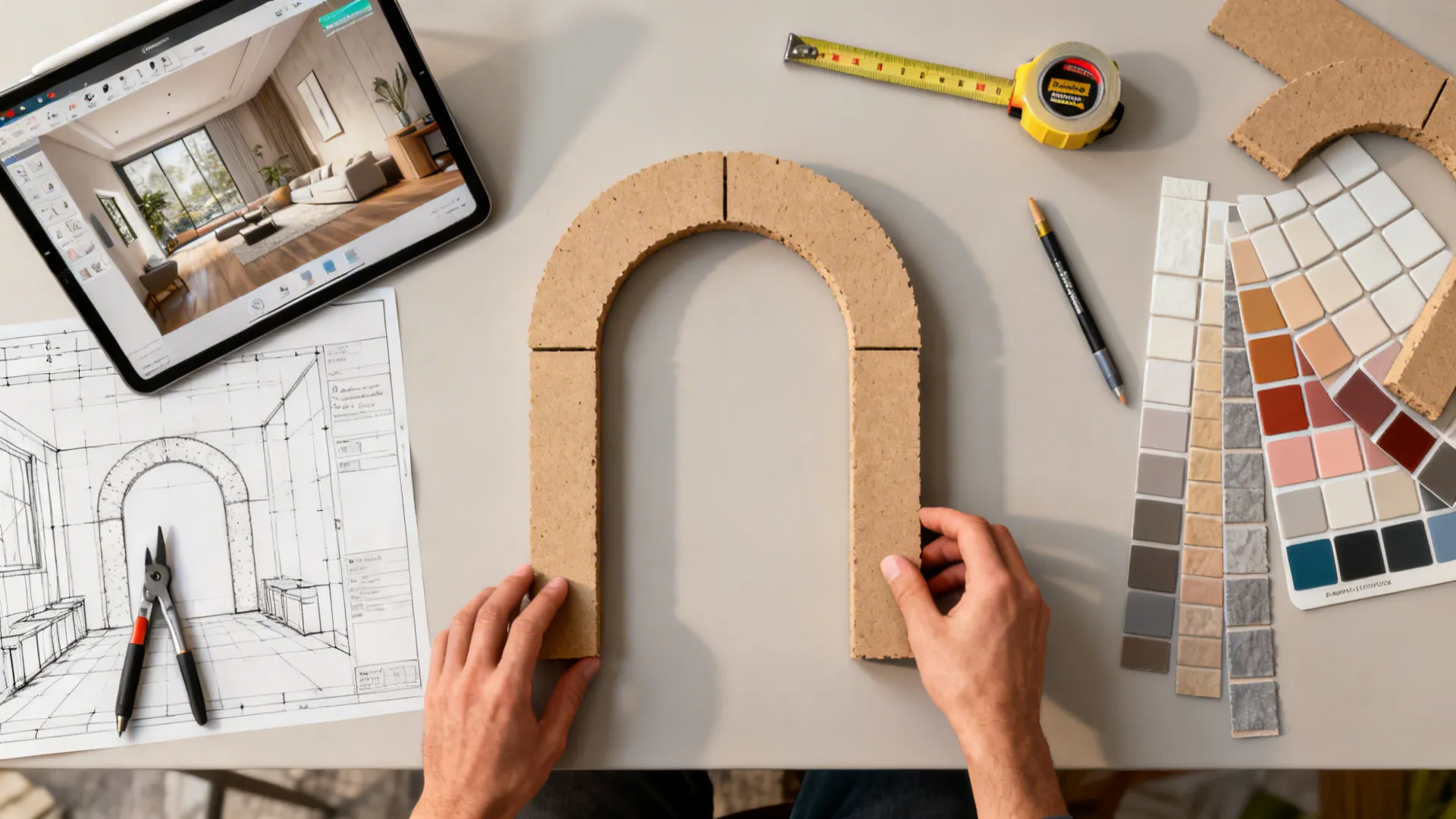 Interior design planning desk with tablet showing room and hand holding small cardboard arch model