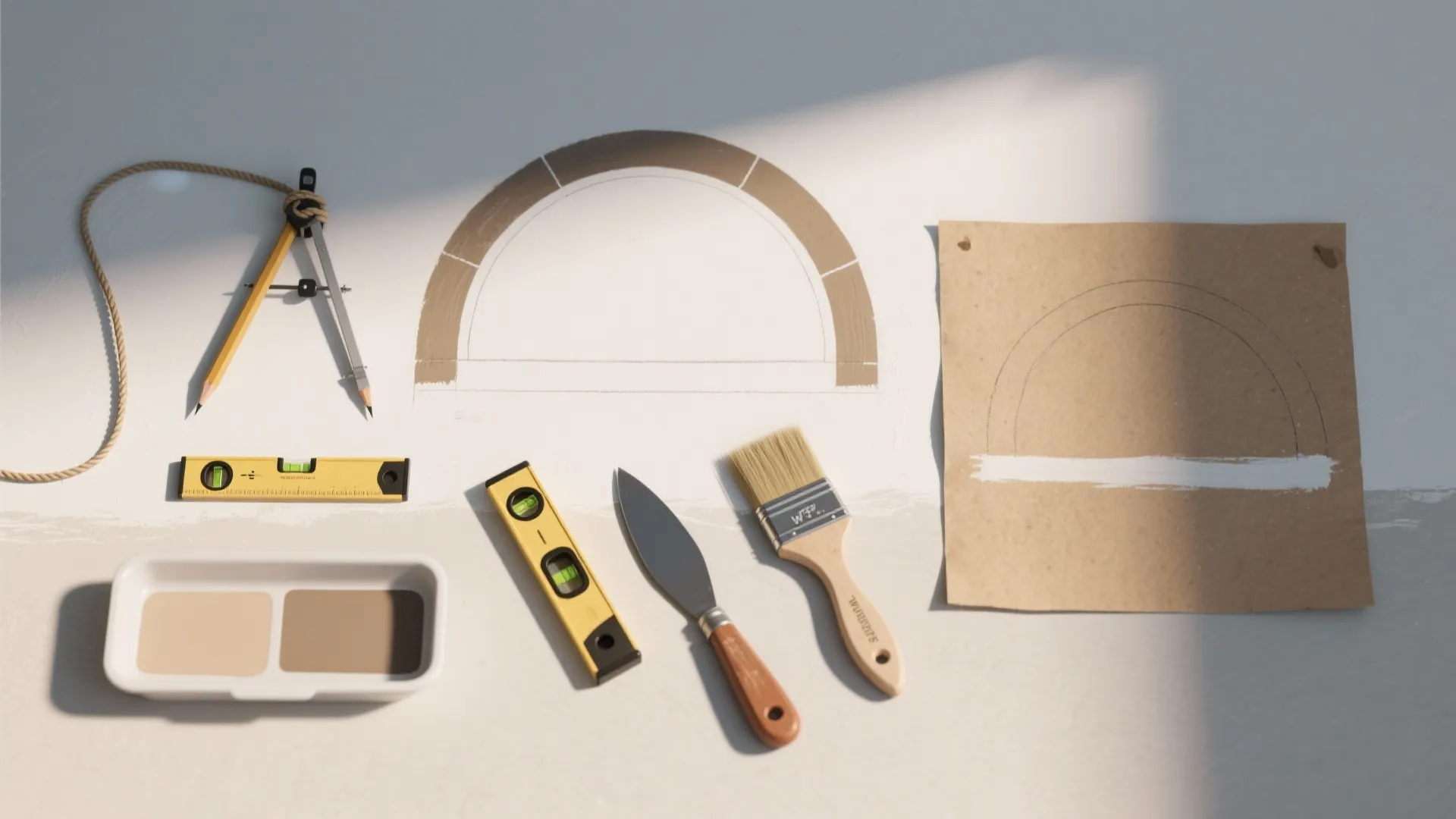 Wall painting tools including levels brushes palette and arch design sketches on a white wall